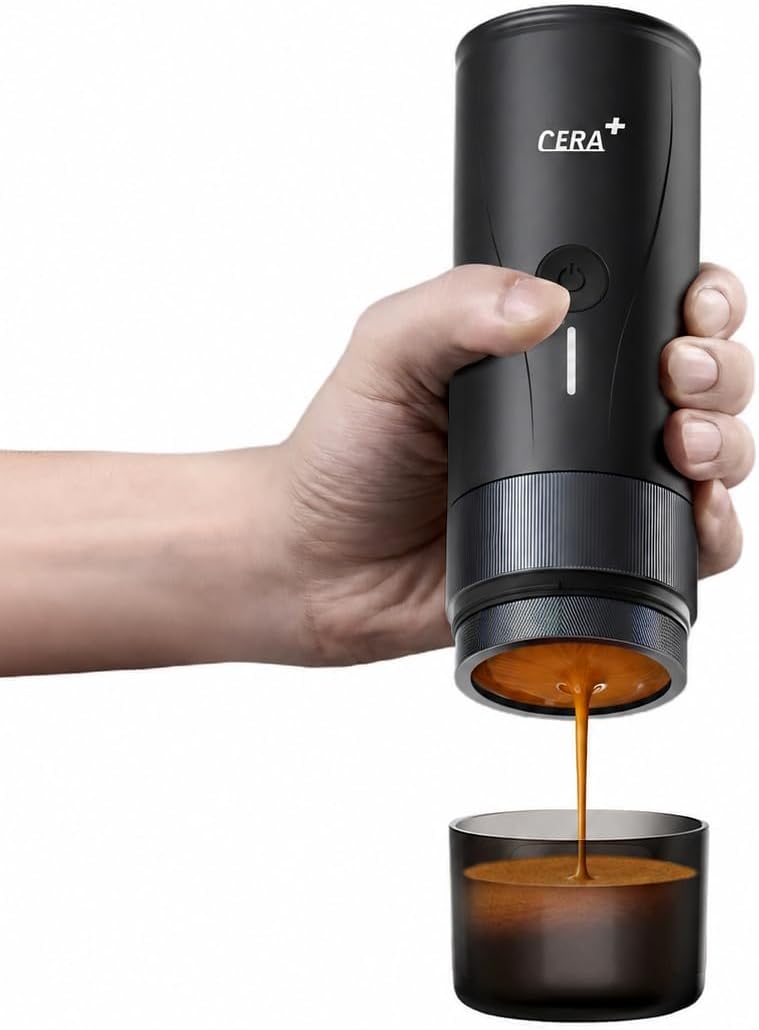 CERA+ Kaffeemaschine, Schwarz/Silber, Tragbare Espressomaschine PRO, selbstheizende Pro-Level-Spezial-, kompatibles ultrafeines Mahlen