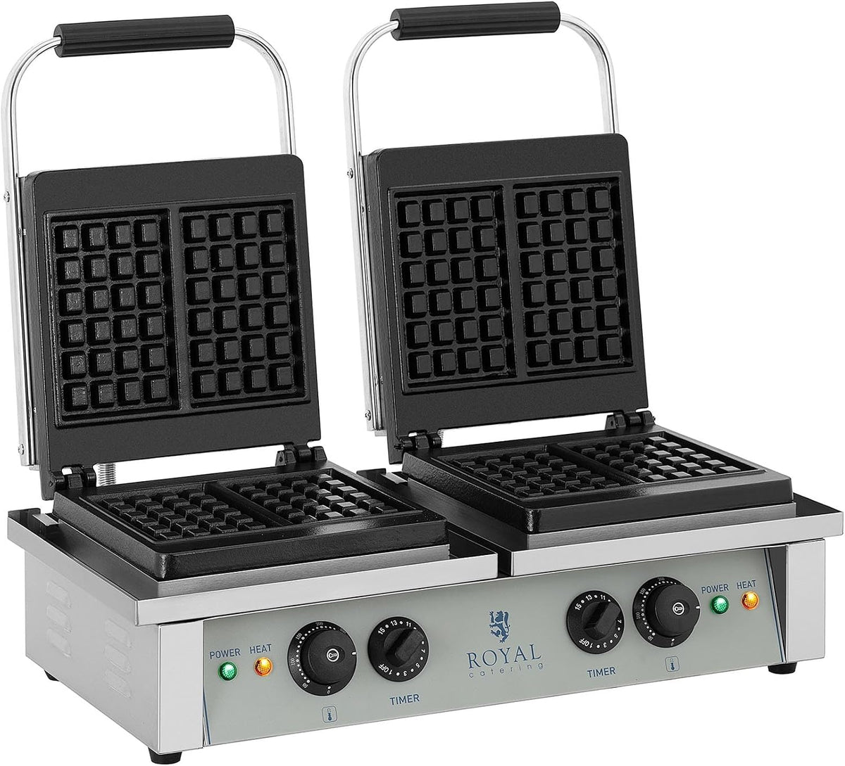 Royal Catering Waffeleisen, 37 x 62,5 x 50 cm, 10 x 17 cm, 2.000 W, Silber, Waffelautomat Doppelt (rechteckig, Waffel
