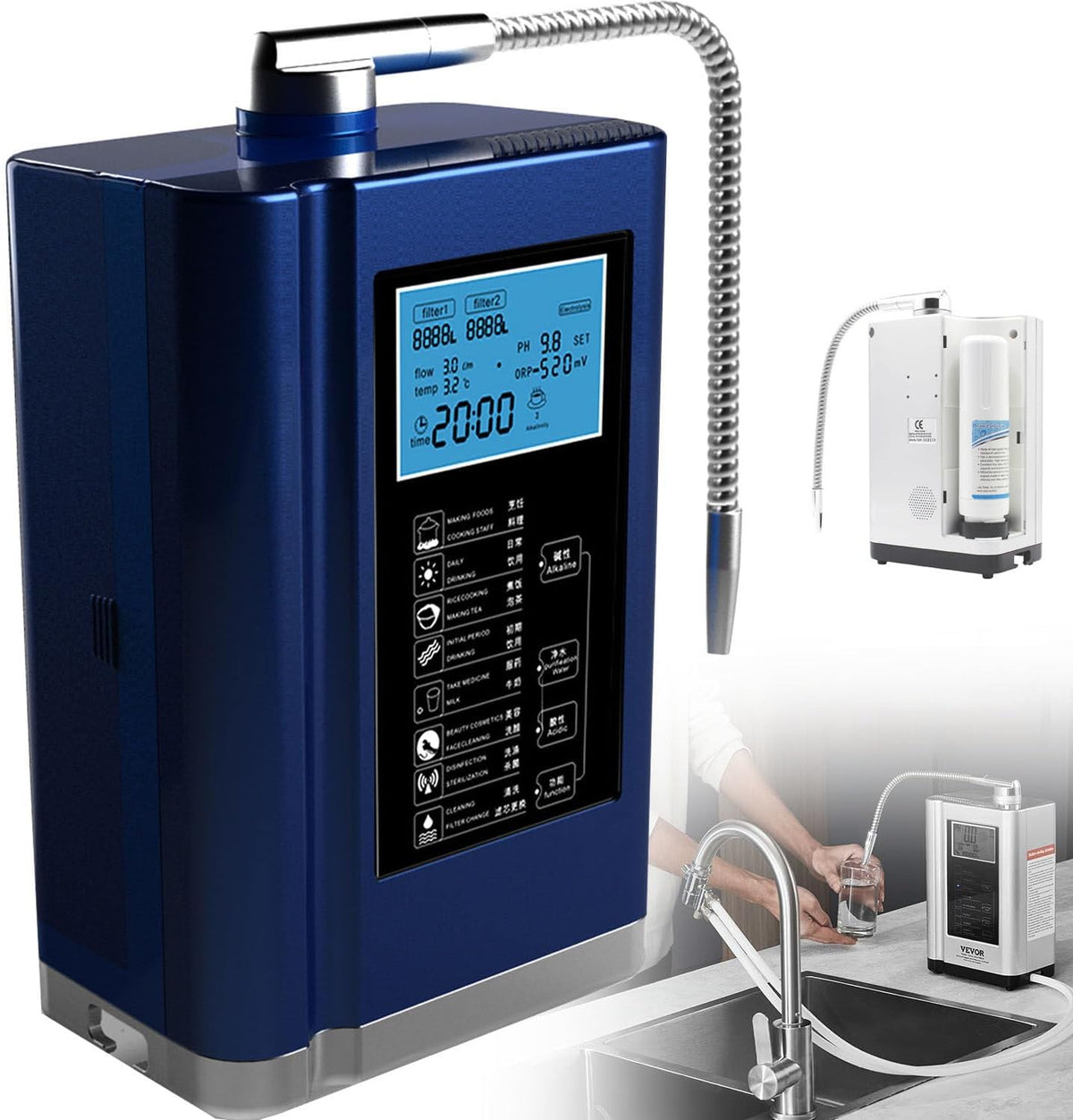 YANDDEA Powerstation, Blau, Alkalischer Wasserionisierer PH3.5-10.5, 8-Zoll-LCD-Heimfilter für alkalisches saures Trinkwasser