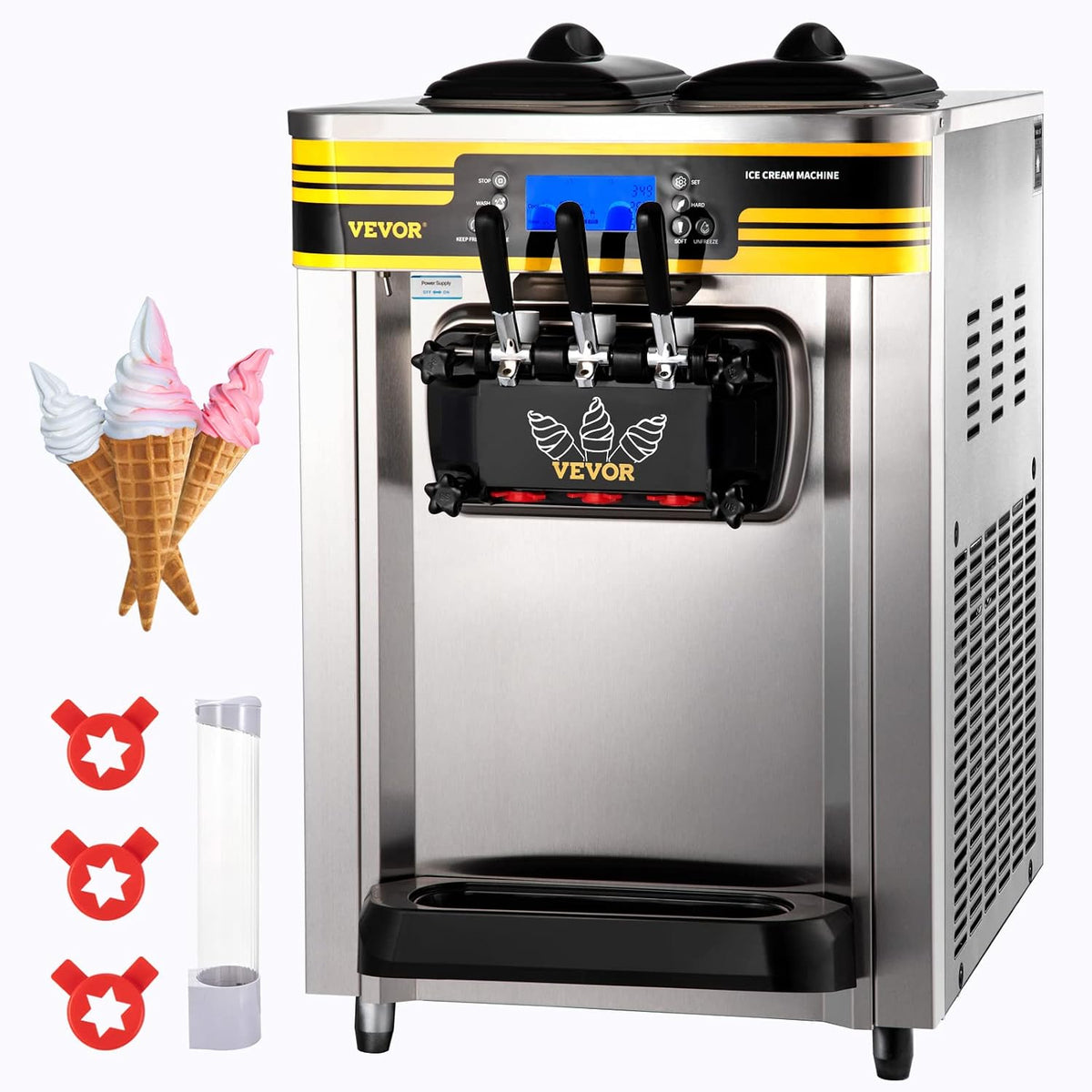 VEVOR Eismaschine, 30 L, Silber, Kommerzielle Softeismaschine 22- /h Profi- mit LCD-Display, 3 Geschmacksrichtungen