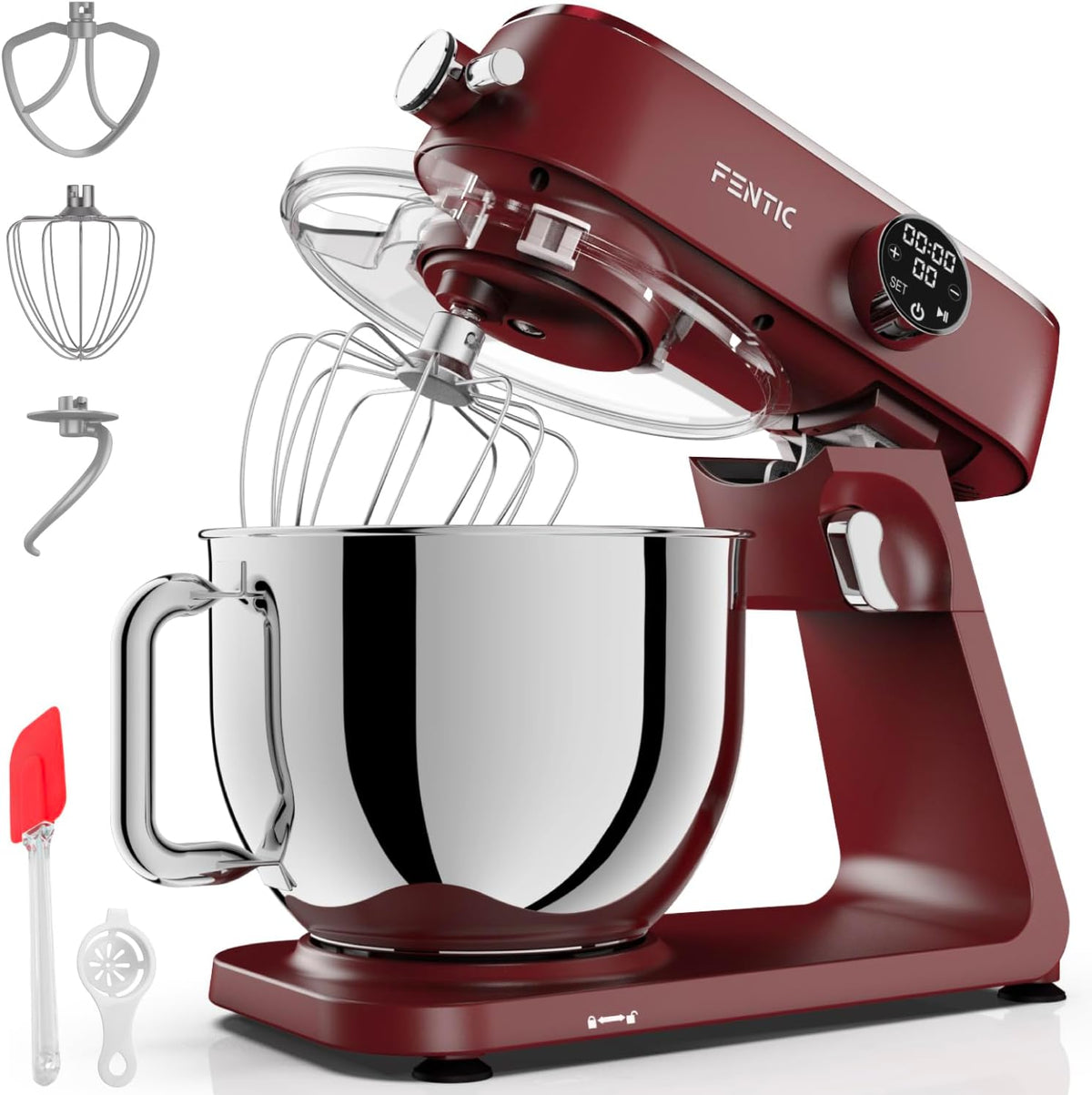 Fentic Universalküchenmaschinen, 1800 W, 7 L, Rot/Silber, Edelstahl Rührschüssel, Knetmaschine mit Aluminiumgehäuse