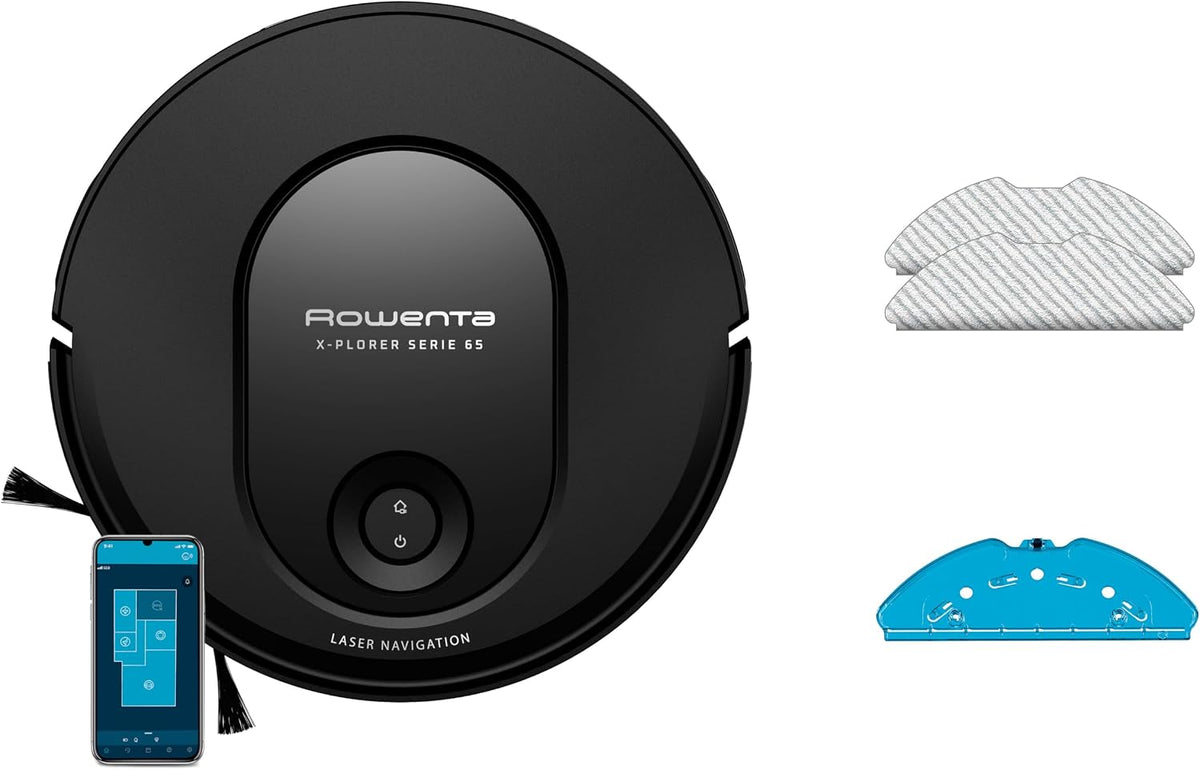 Rowenta Saugroboter, 7,8 cm, Schwarz, Xplorer Serie 65 Nass-Trocken-, Lasernavigation, 120 min Laufzeit, App-Steuerung