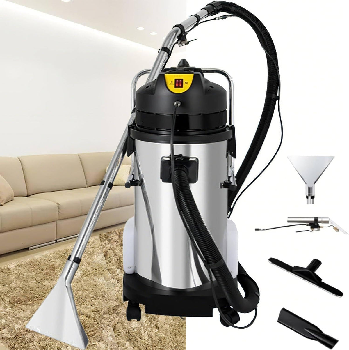 RETRIN Sofa, 40 L, Edelstahl, Kunststoff, Schwarz, Professionelle 3-in-1 Teppichreiniger Nass-Trocken, mit langem Schlauch