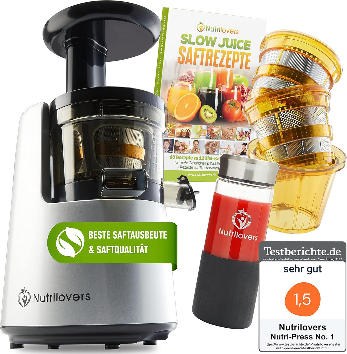 Nutrilovers Mastizier-Entsafter mit einer Schnecke, Schwarz, Entsafter Slow Juicer NUTRI-PRESS NO.1 Testsieger