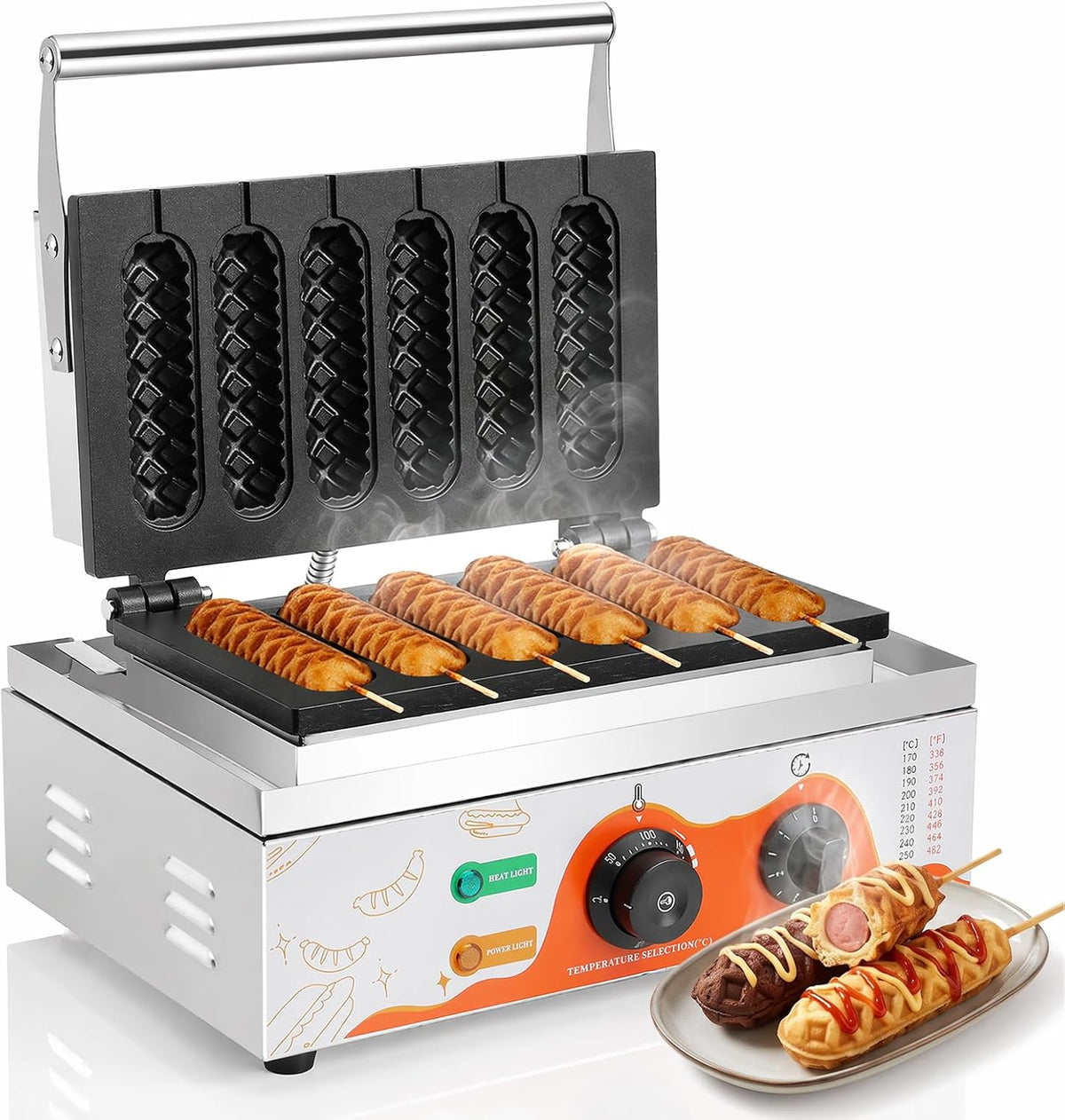 Moongiantgo Waffeleisen, 1550 W, 220 V, Silber, 6 Stücke Corn Dog Waffelherd aus Edelstahl