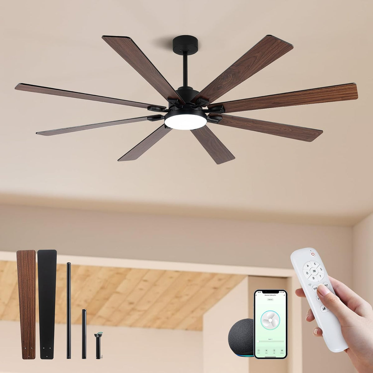 ECOiTEL Deckenventilator, 183,9 cm, Weiss, grosser intelligenter mit Licht und Alexa/App (über WLAN), schwarze Decke für Innen- und Aussenbereich