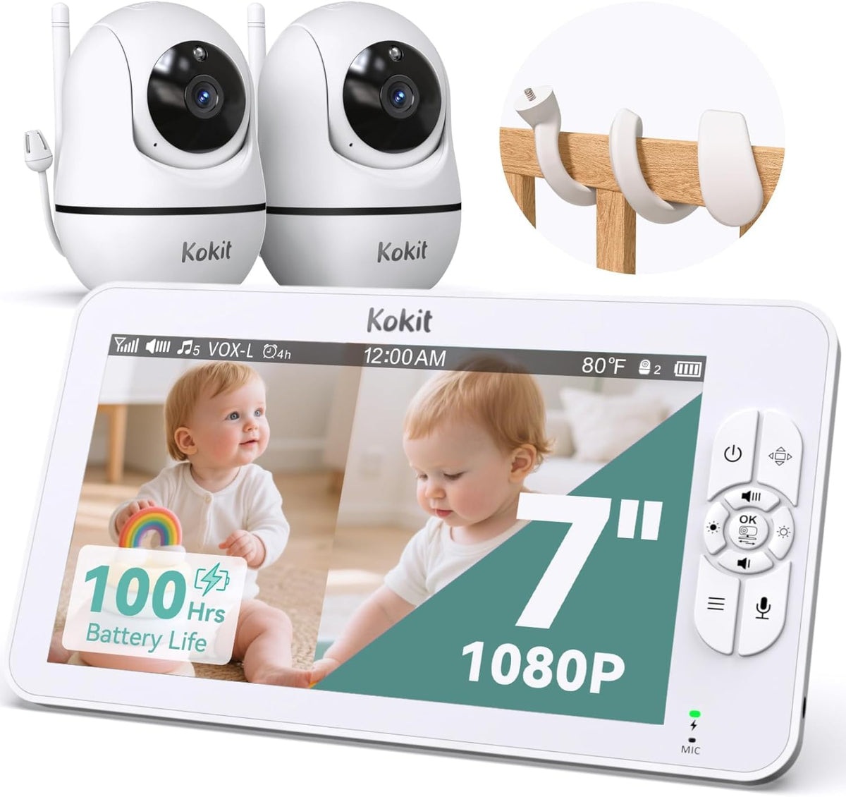 kokit Kamera, 7 Zoll, Schwarz, 1080P Babyphone mit 2 Kameras und geteiltem Bildschirm für, Private 2, 4-GHz-FHSS-Verbindung