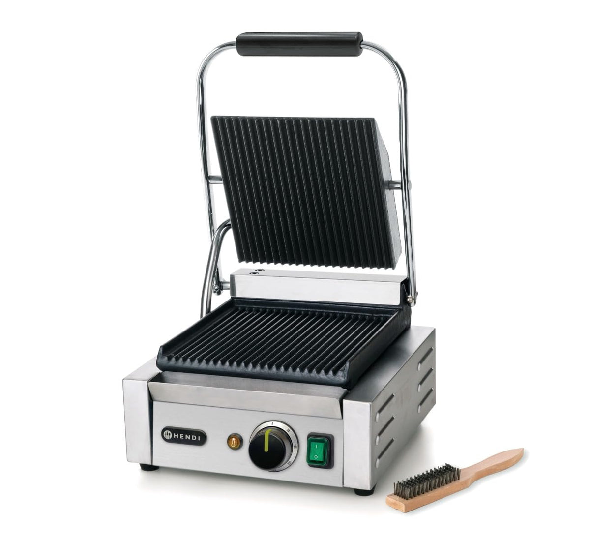 HENDI Elektrogrill, 1800 W, 216 mm, 230 V, Silber, Kontaktgrill, einzeln, gerillte Ausführung, inkl. Grillreinigungsbürste