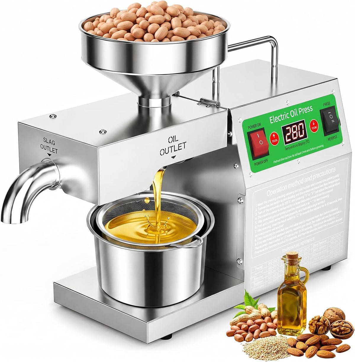 Clickovia Zitruspressen, 500 W – 2000 W, 304 Edelstahl, Silber, Elektrische Ölpresse, Automatische Heiss- und Kaltölpresse