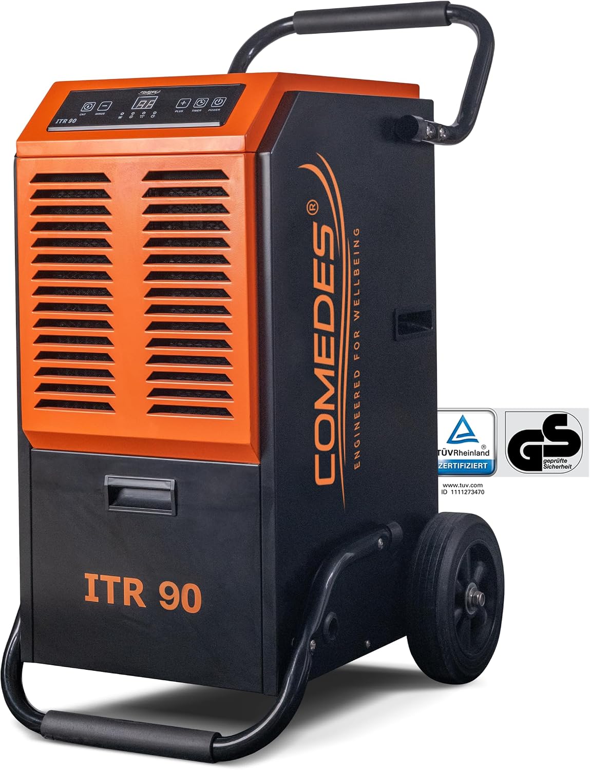 Comedes Luftentfeuchter, 90Liter, 150m, 345m, Weiss, Bautrockner ITR 90 (max. / 24h) inkl. Drainagepumpe, geeignet für Räume und Keller bis ² / ³