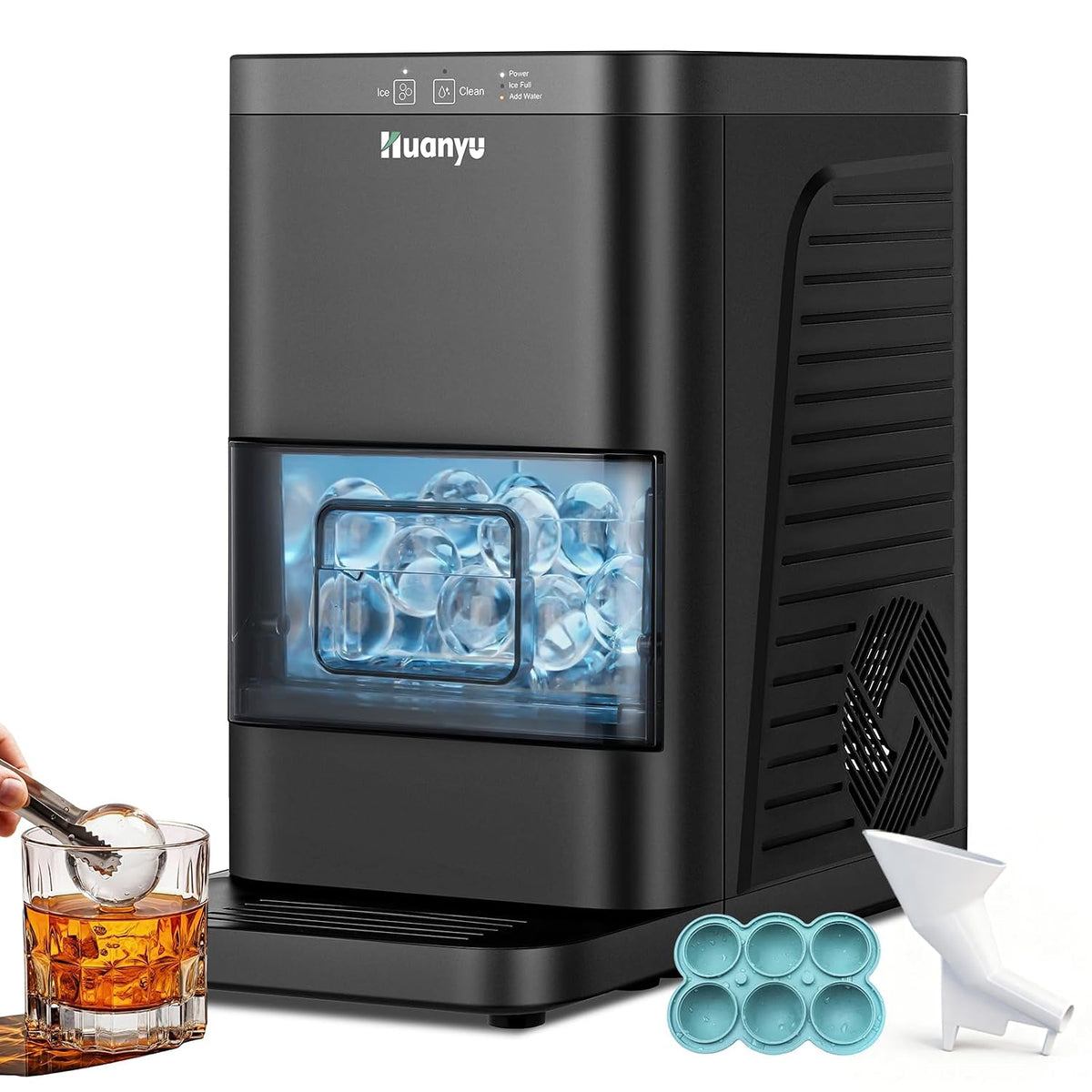 Huanyu Eiswürfelmaschine, Schwarz, 55-mm-Eiskugelmaschine für klare Kugeln, 2 Eiskugeln in 80 Minuten, Bourbon und Cocktails