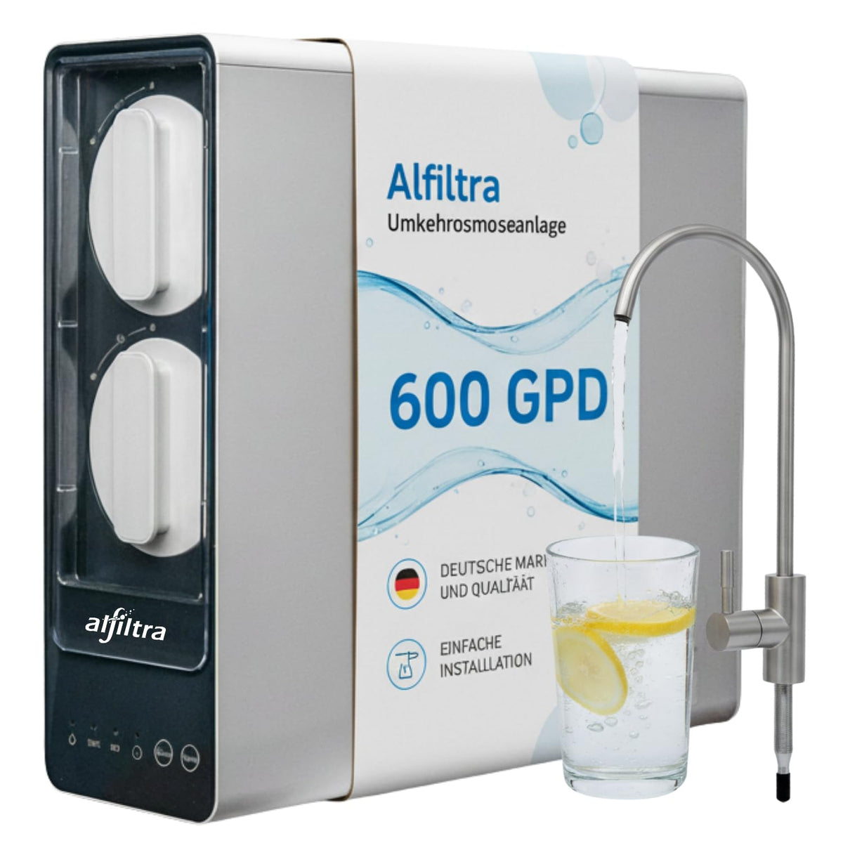 ALFILTRA Filtrierung für unter & über der Spüle, 1,5 L, 13 cm, Silber, Reos Slim Umkehrosmoseanlage 600 GPD, tanklos