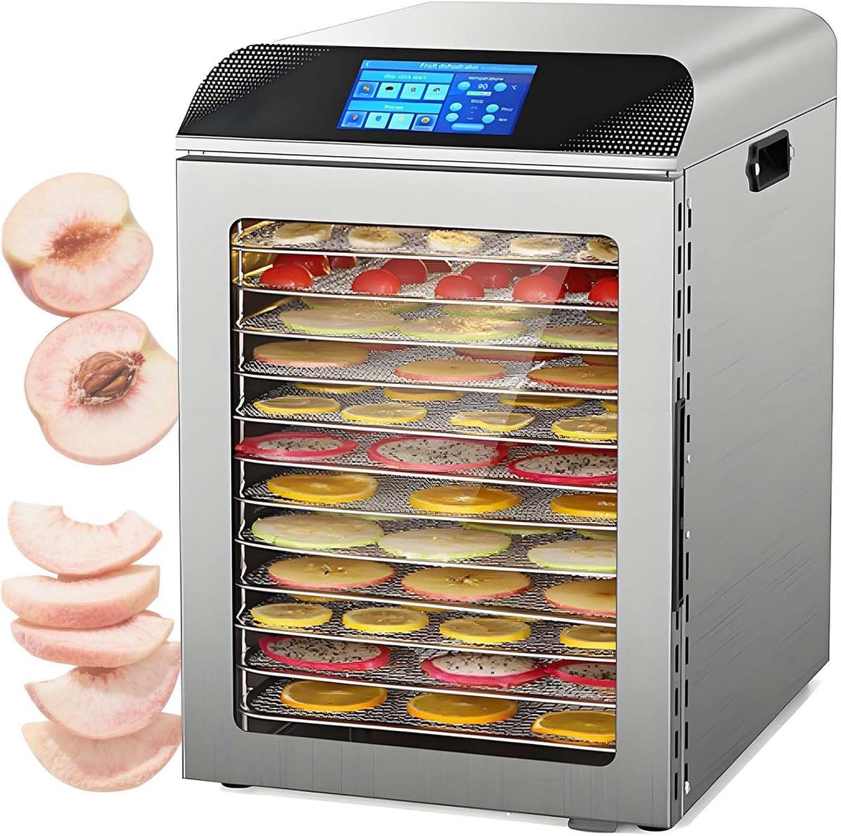 QFGain Dörrautomaten, 800 W, Edelstahl, Silber, Gewerblicher DöRrautomat Mit Smart-Touchscreen, 12 Edelstahl-EinschüBen Und GlastüR