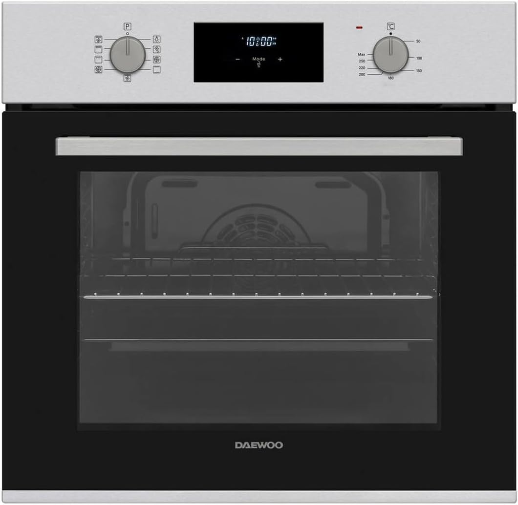 Daewoo Dunstabzugshaube, 60 cm, 69 l, Silber/Schwarz, Einbau-Backofen, Heissluft, 9 Funktionen, Pizza-Funktion, AntiFingerPrint Oberfläche