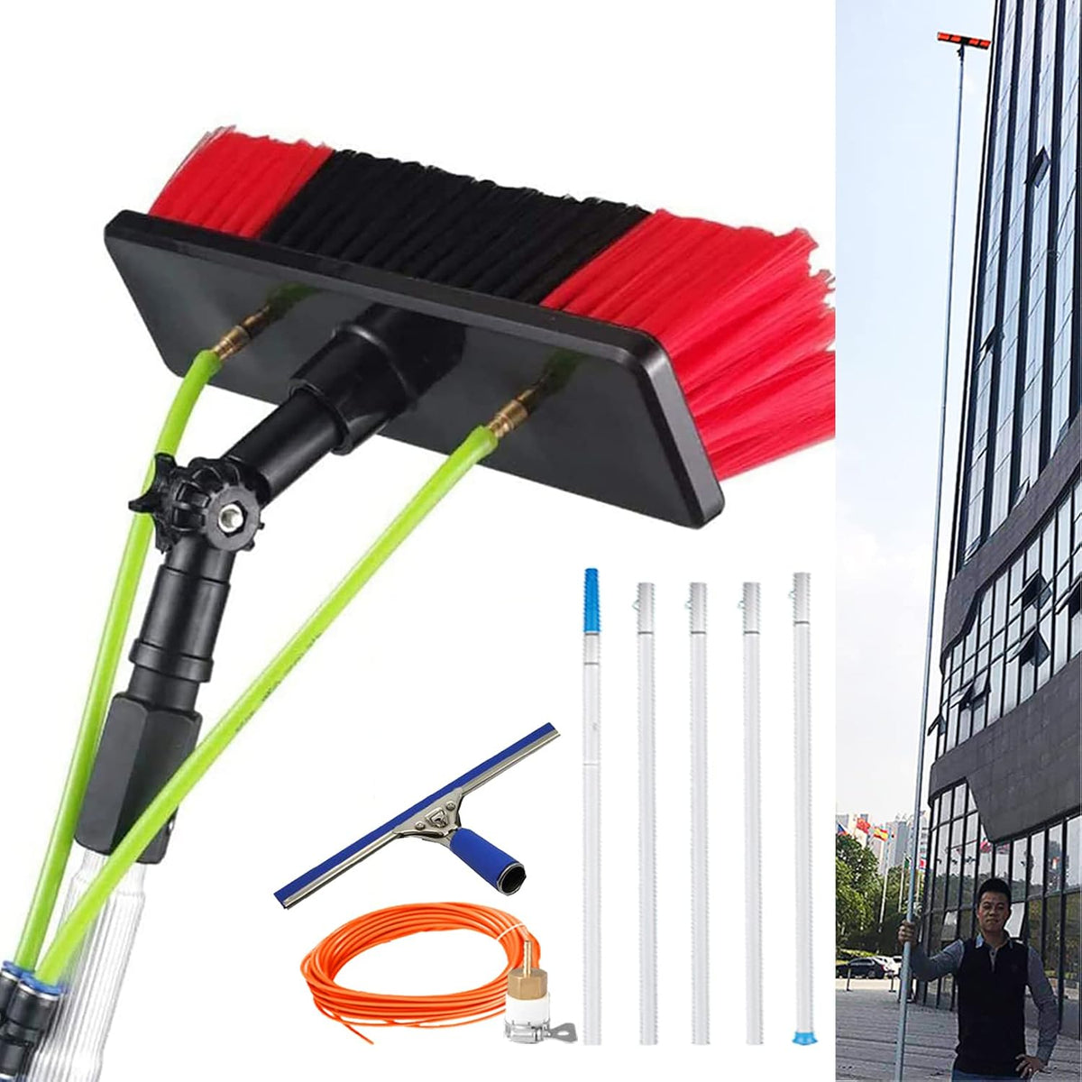 GYEQXKT Fensterabzieher, 12 m, Schwarz, Reinigungsbürsten-Set mit wasserführender Stange für 3, Länge, Verandadachreiniger