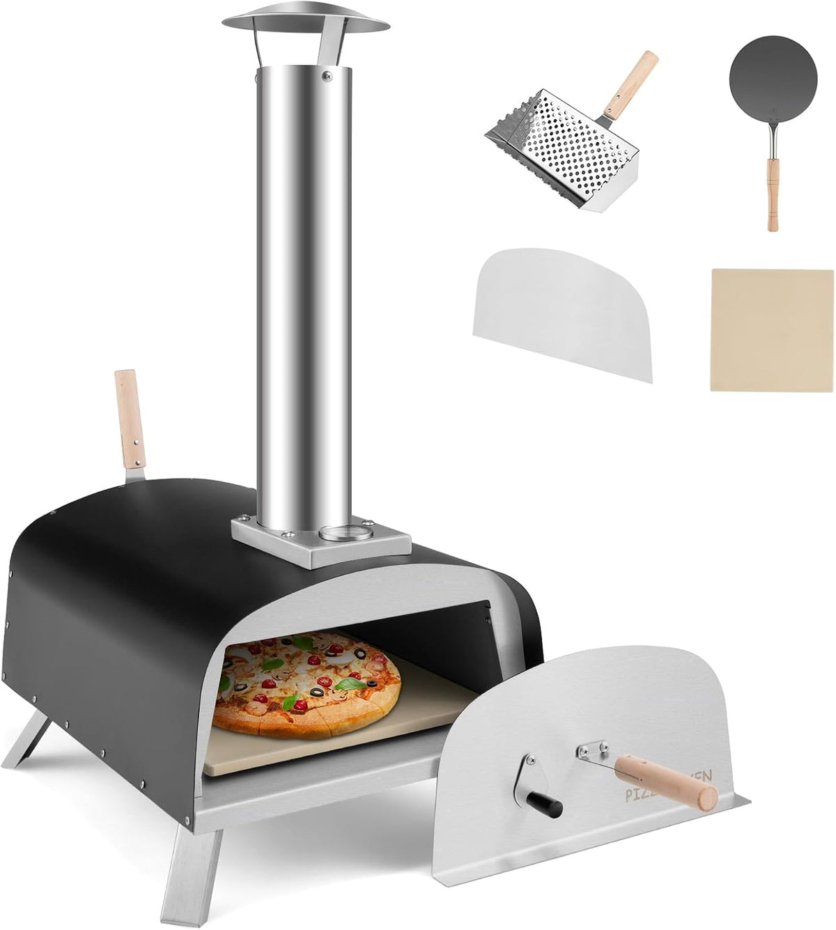 KOMFOTTEU Pizzaofen, Metall, Silber, Outdoor, tragbarer Holzofen mit Pizzastein Pizzaschaufel Thermometer, Pizza Ofen aus Edelstahl
