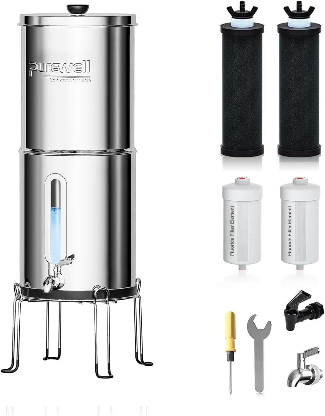 Purewell Wasserfilter, 8,5 L, Schwarz, Schwerkraft-, 8-Stufen-Filtersystem mit 4 Filtern (gegen Fluorid & Chlor)