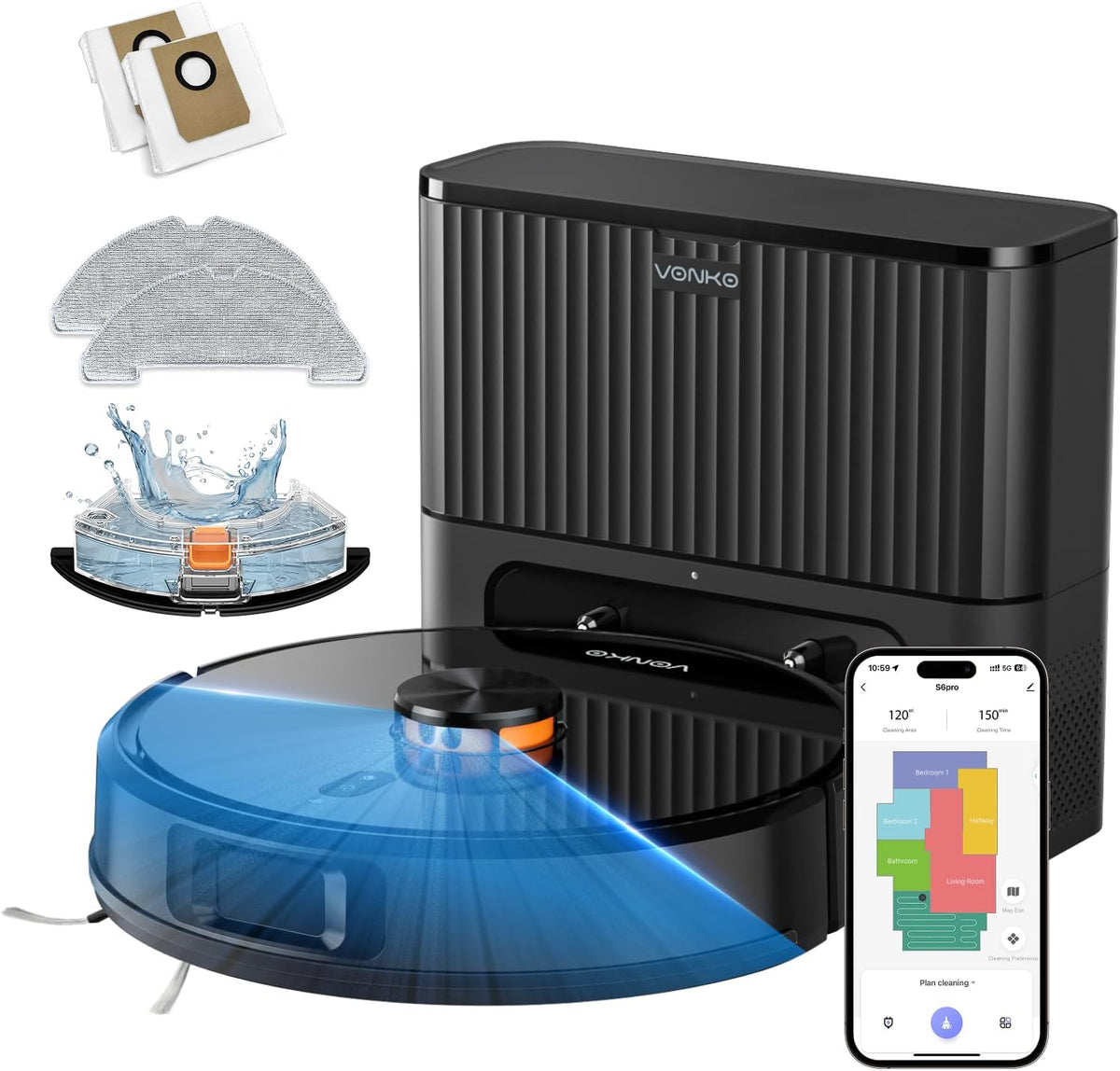 VONKO Saugroboter, Schwarz, S6 Pro mit Wischfunktion und Absaugstation, 6000Pa Extreme Saugkraft, LiDAR 2.0 Navigation
