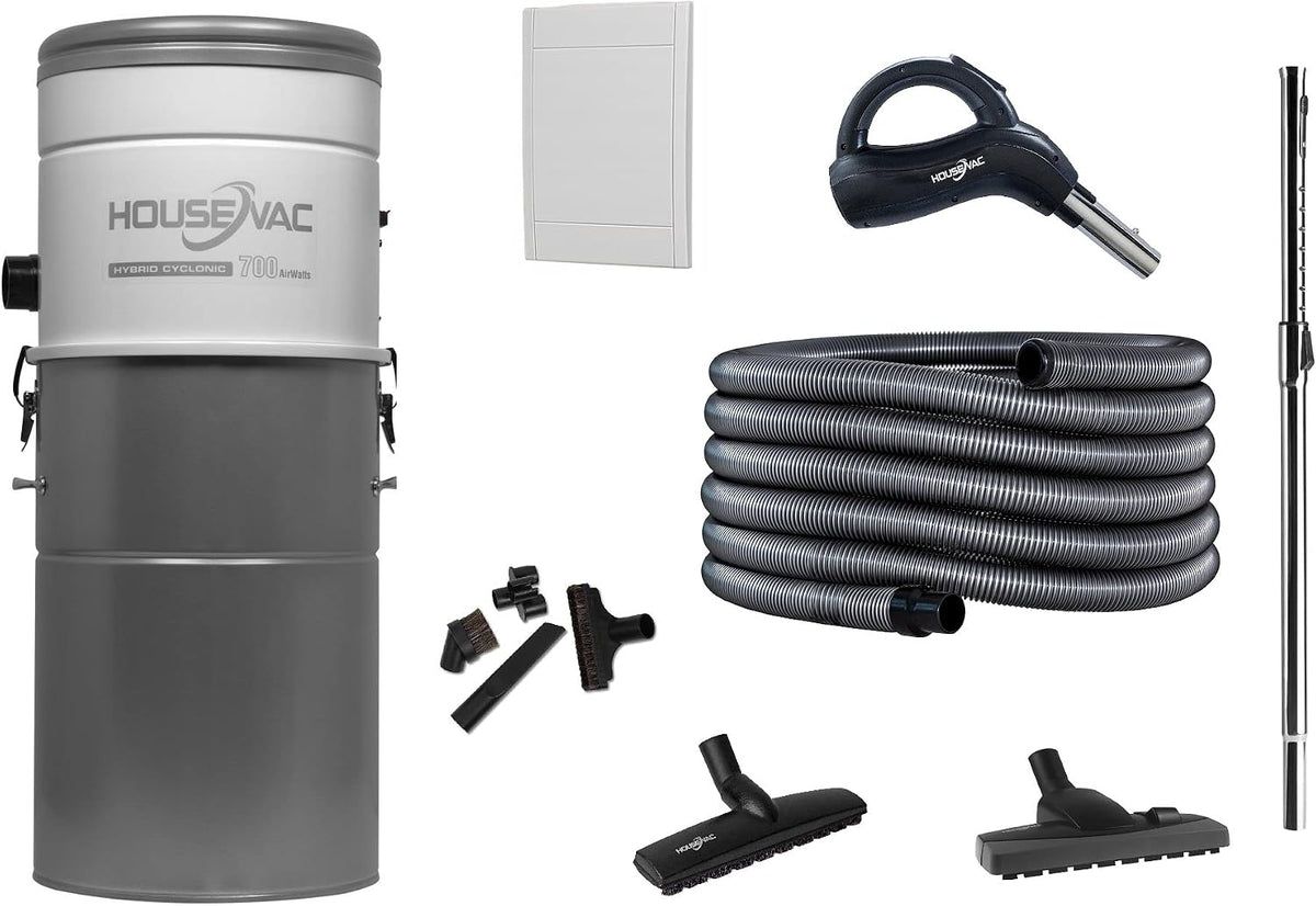HouseVac Staubsauger, 1700 W, 15.2m, Schwarz, HV-700ST-35H Zentralstaubsauger Set mit Retraflex 2, Hybrid Filter System