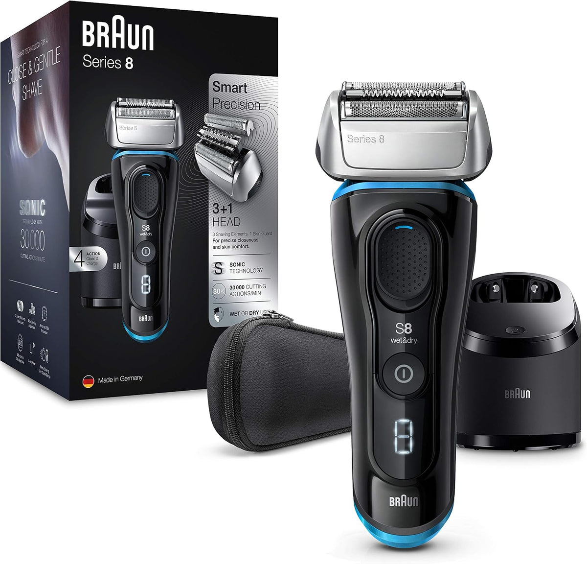 Braun Folienrasierer, Braun/Schwarz, Series 8 Rasierer Herren mit 3+1 Scherkopf, Elektrorasierer & Trimmer für Präzision