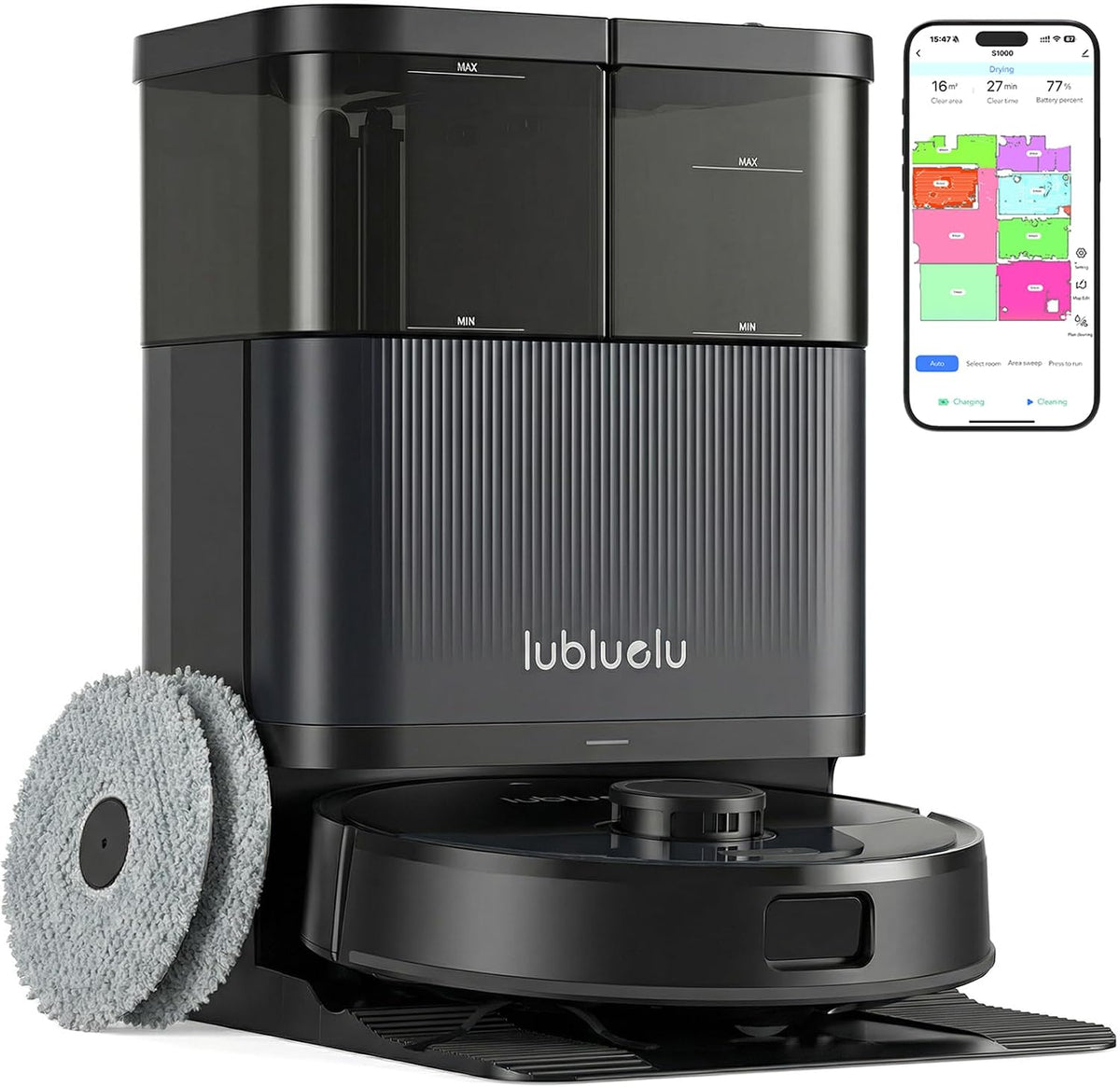 Lubluelu Saugroboter, Schwarz, S1000 Multifunctional Robot Vacuum Cleaner, Mop Outward Expansion, Breakpoint Recharge