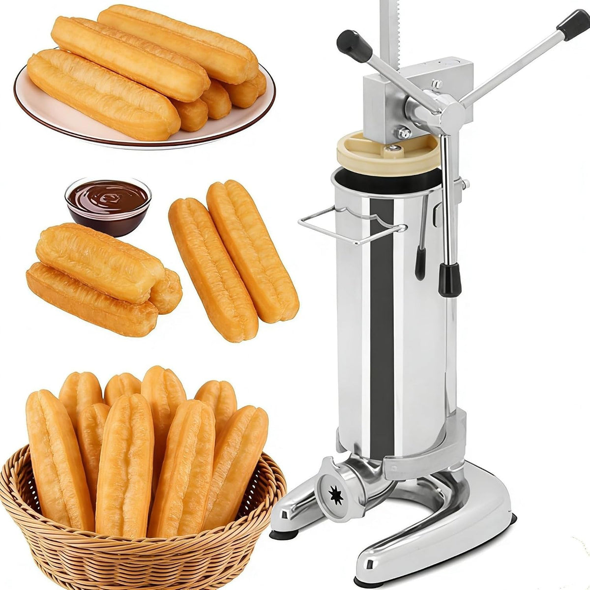 Manuelle Donut-Maker, Silber, Churros Wurstfüllmaschine, Edelstahl Churrera mit 5 Formen, spanischer Obst