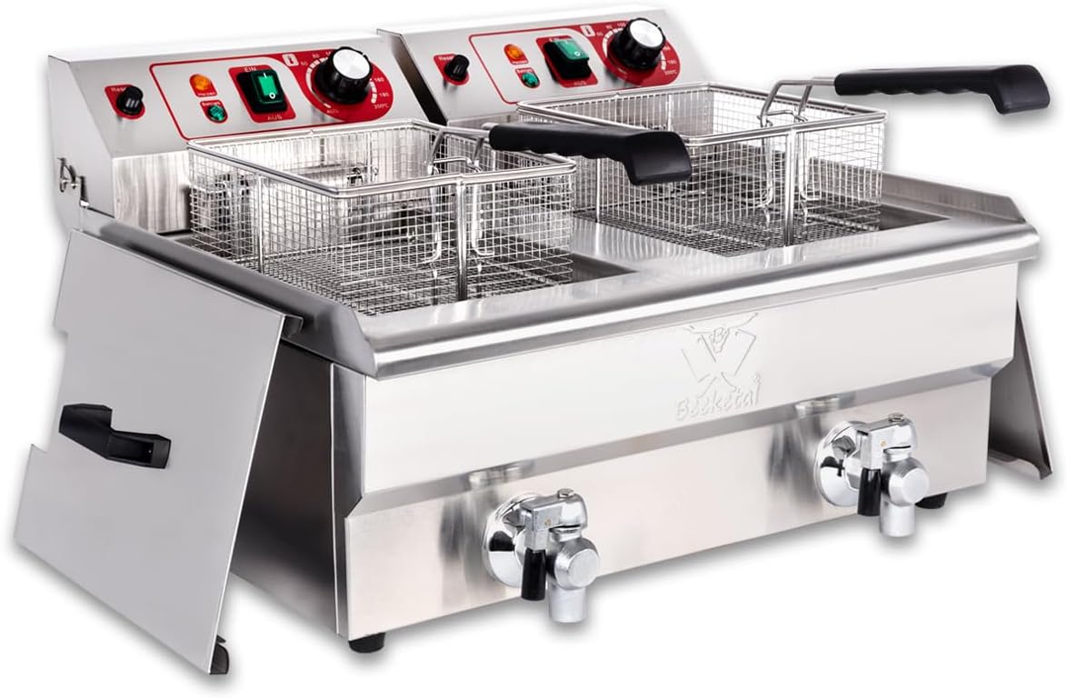 Beeketal Heissluftfritteuse, 2 x 10 Liter, 2x3000 Watt, 6 Liter, Silber, 'BWF-102P' Profi Gastronomie Doppel Kaltzonen Fritteuse (