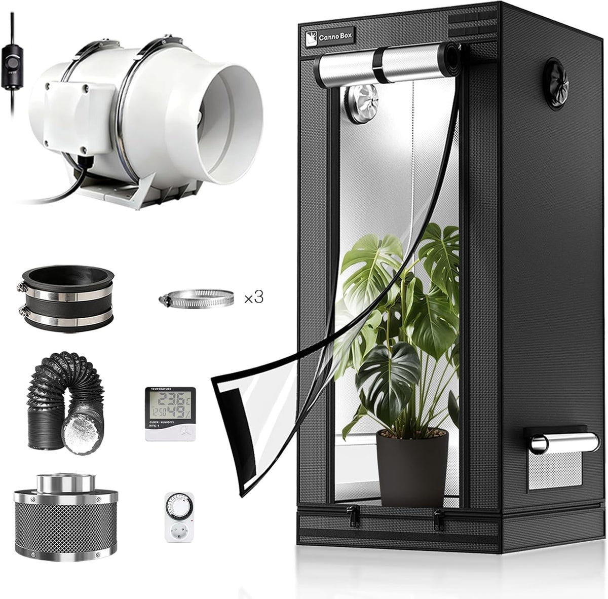 Cannobox Zuchtzelte, 80x80x180 cm, 100 mm, Weiss, Pro Growzelt Komplettset mit Growzelt und Regelbar