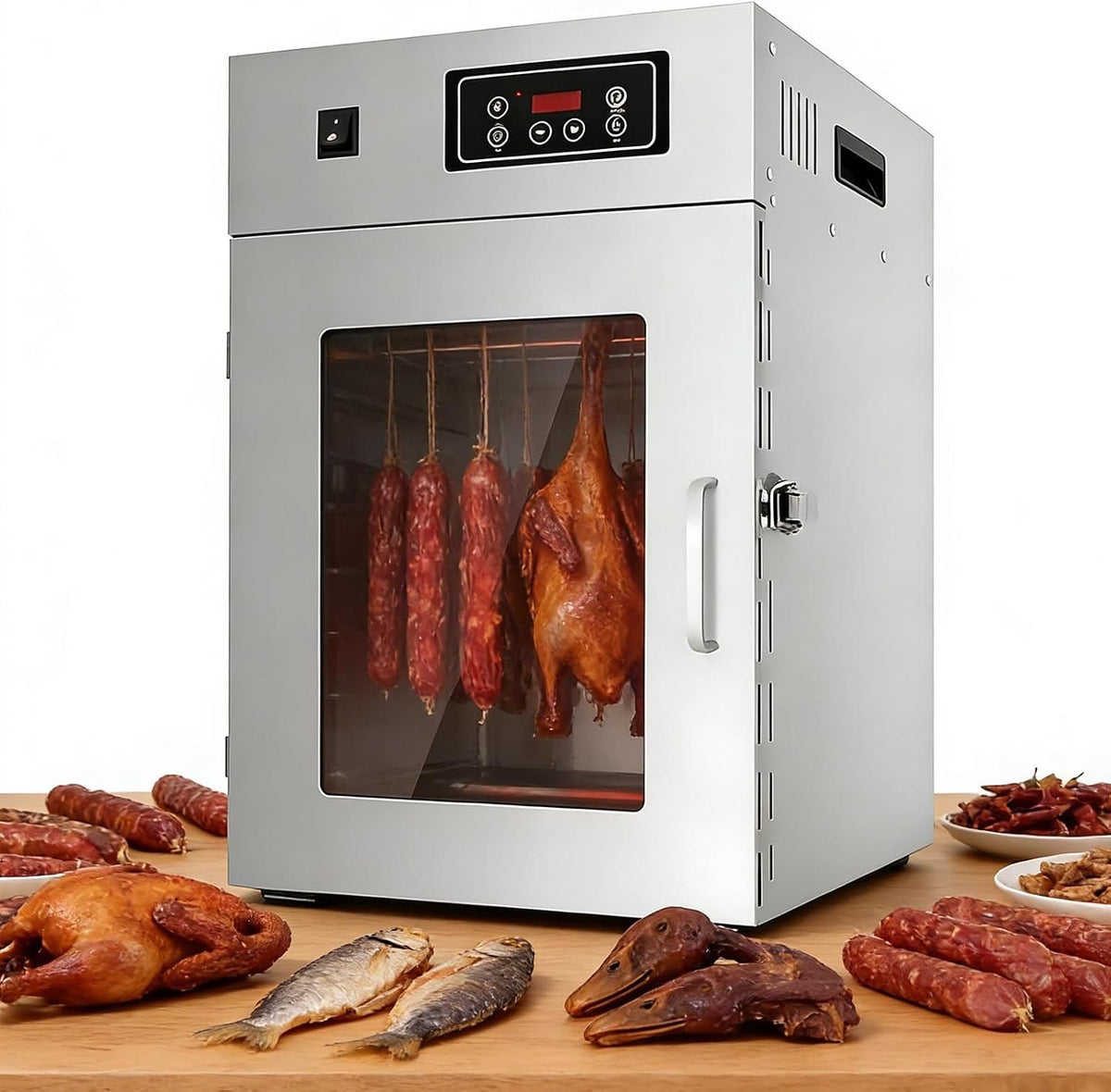menglanchang Dörrautomaten, 14 Haken (bis zu 7,5 kg pro Durchgang), 800 W, Lebensmittelechter Edelstahl, Silber