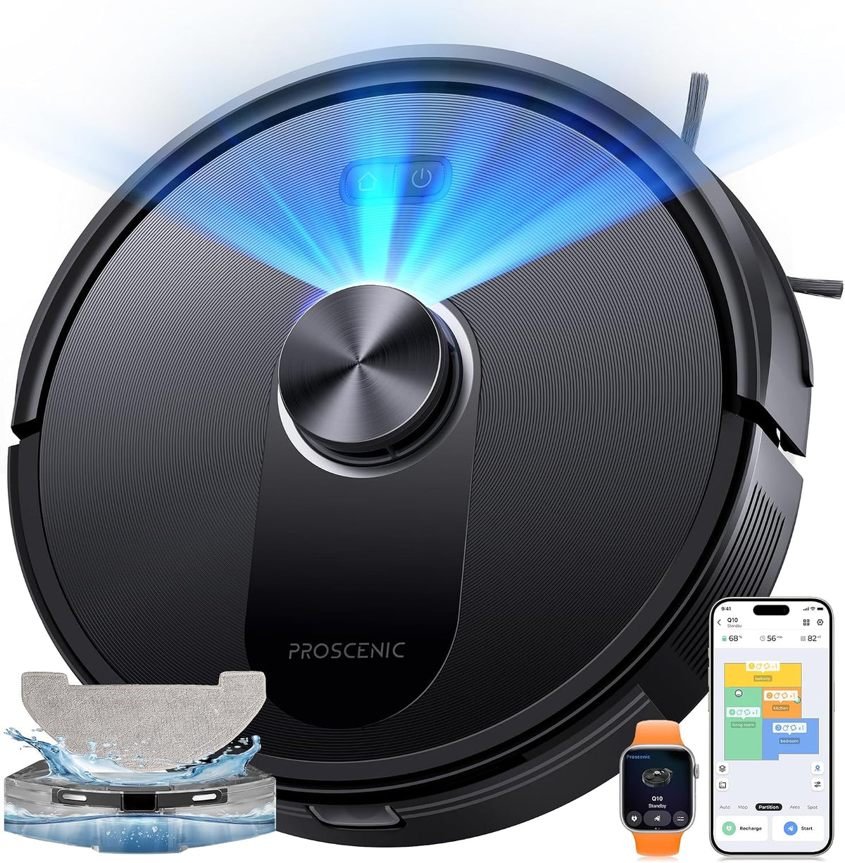 Proscenic Saugroboter, Schwarz, mit Wischfunktion, 8000 Pa 200 Min Staubsauger Roboter, Intelligentes Laser Navigation mit 5 Karten