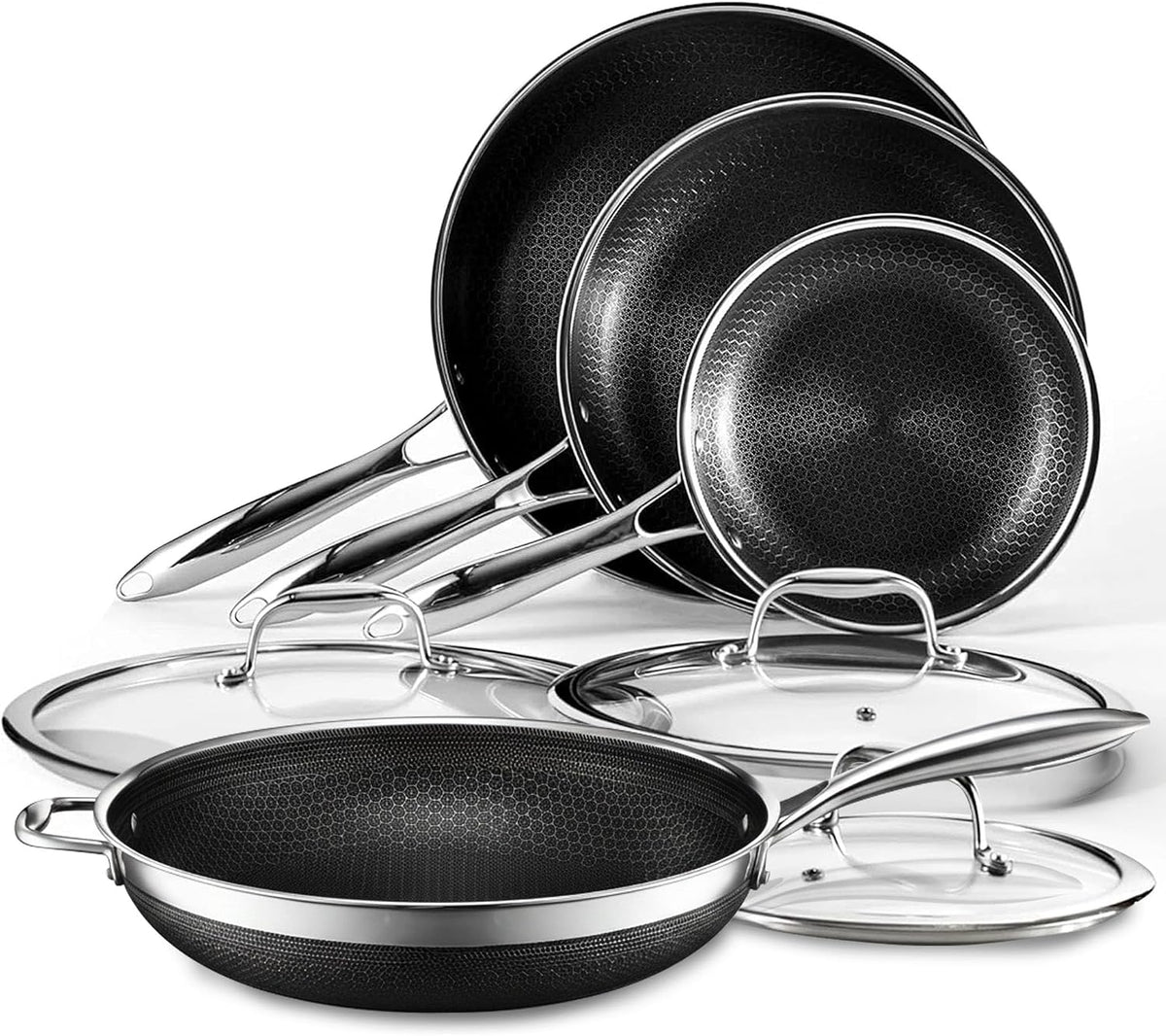 HexClad Kochfeld, 30 cm, Silber, Hybrid Pfannenset 7-teilig mit Deckeln & Wok, Edelstahl, Wabenstruktur, Antihaftbeschichtung