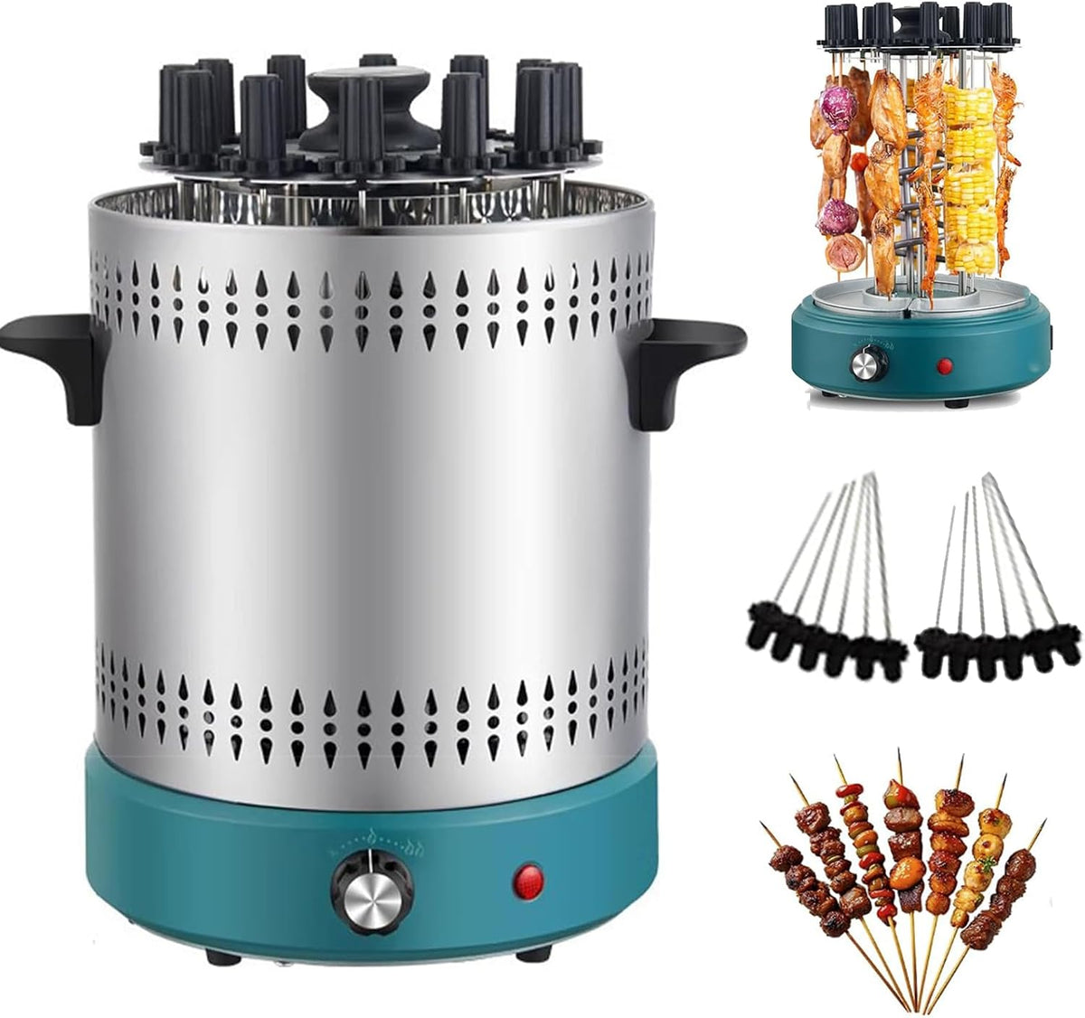 Vertikal Elektrogrill, Belüfteter Aussenzylinder aus Edelstahl, Spiessklemmen aus Silikon, Schwarz