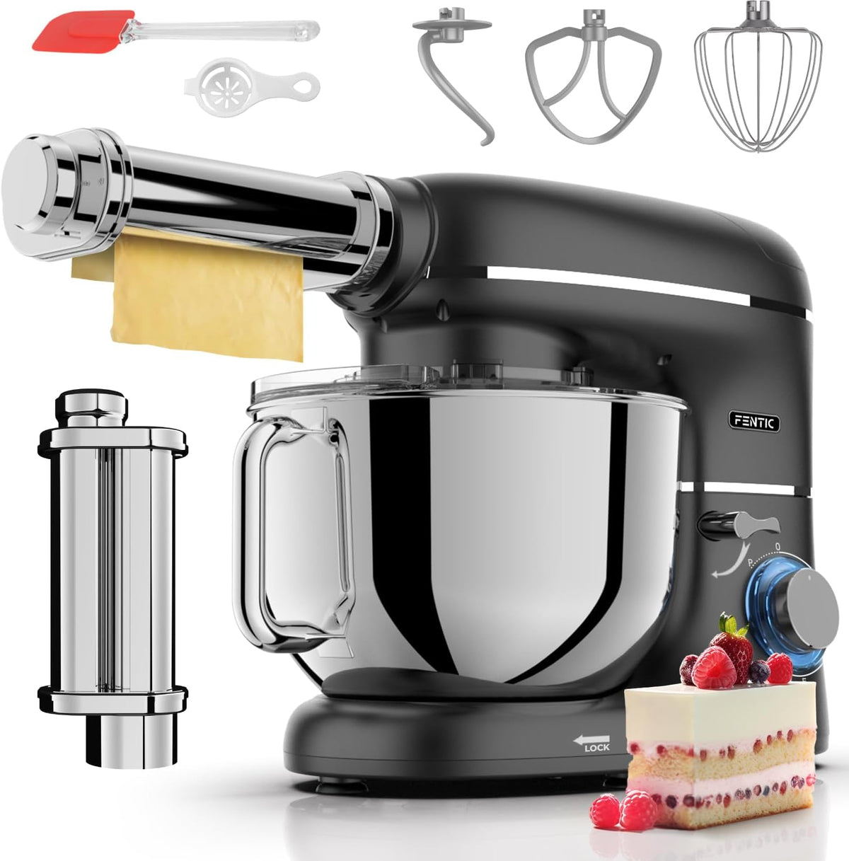 Fentic Knet- & Rührmaschinen, 2000 W, 6,2 L, Silber/Schwarz, Kuchenmaschine mit Nudelmaschine, Knetmaschine mit Nudelmaschine Elektrische