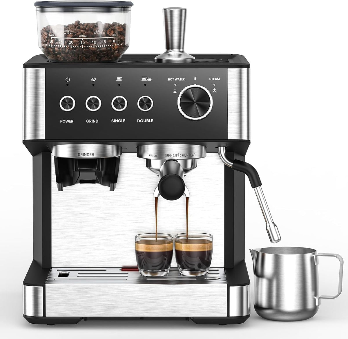 RBFGYIOP Kaffeemaschine, 20 Bar, 1500 w, 2,3 L, Schwarz/Silber, Espresso Siebträgermaschine, 30 Mahlgrade, Auto-Milchaufschäumer & Selbstreinigung