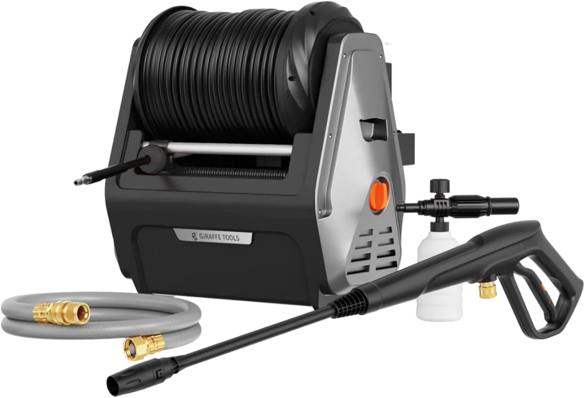 Giraffe Tools Hochdruckreiniger, 30M, Schwarz, Wandmontierter, 1800 Watt, Max 2400 PSI, 2.0 GPM Elektrischer Wasserdruckreiniger