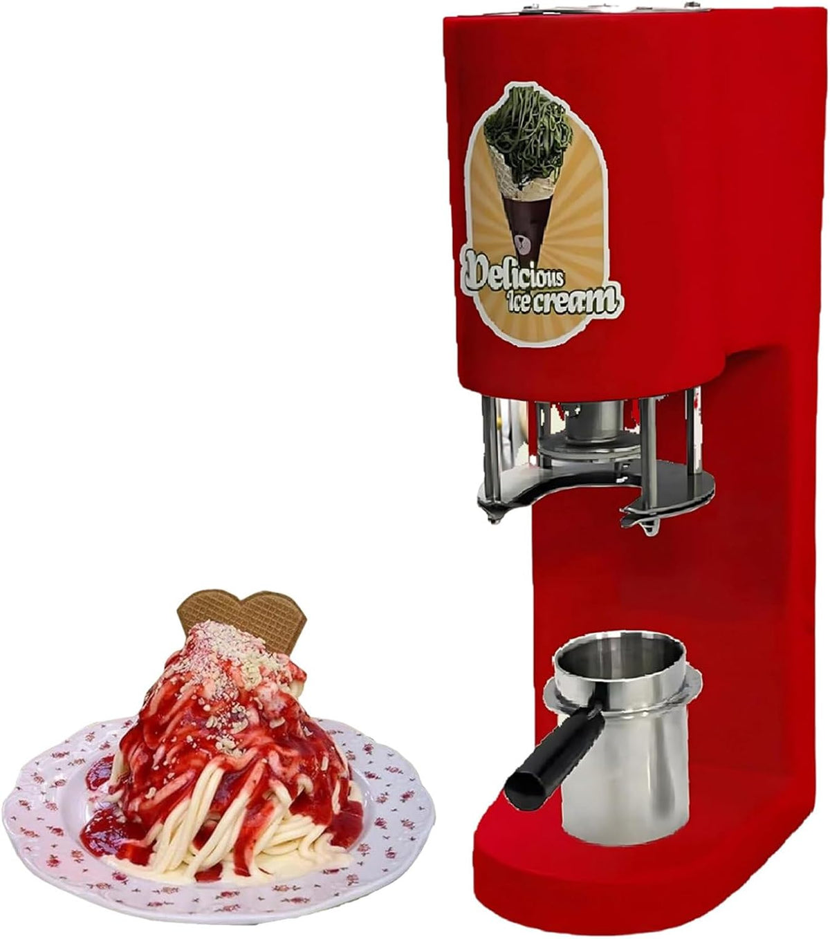 Lissontine Eismaschine, 28–40 l/h, 80w, Edelstahl + ABS-Kunststoff, Rot, Italienische EIS Maschine, Elektrische Spaghetti EIS Presse
