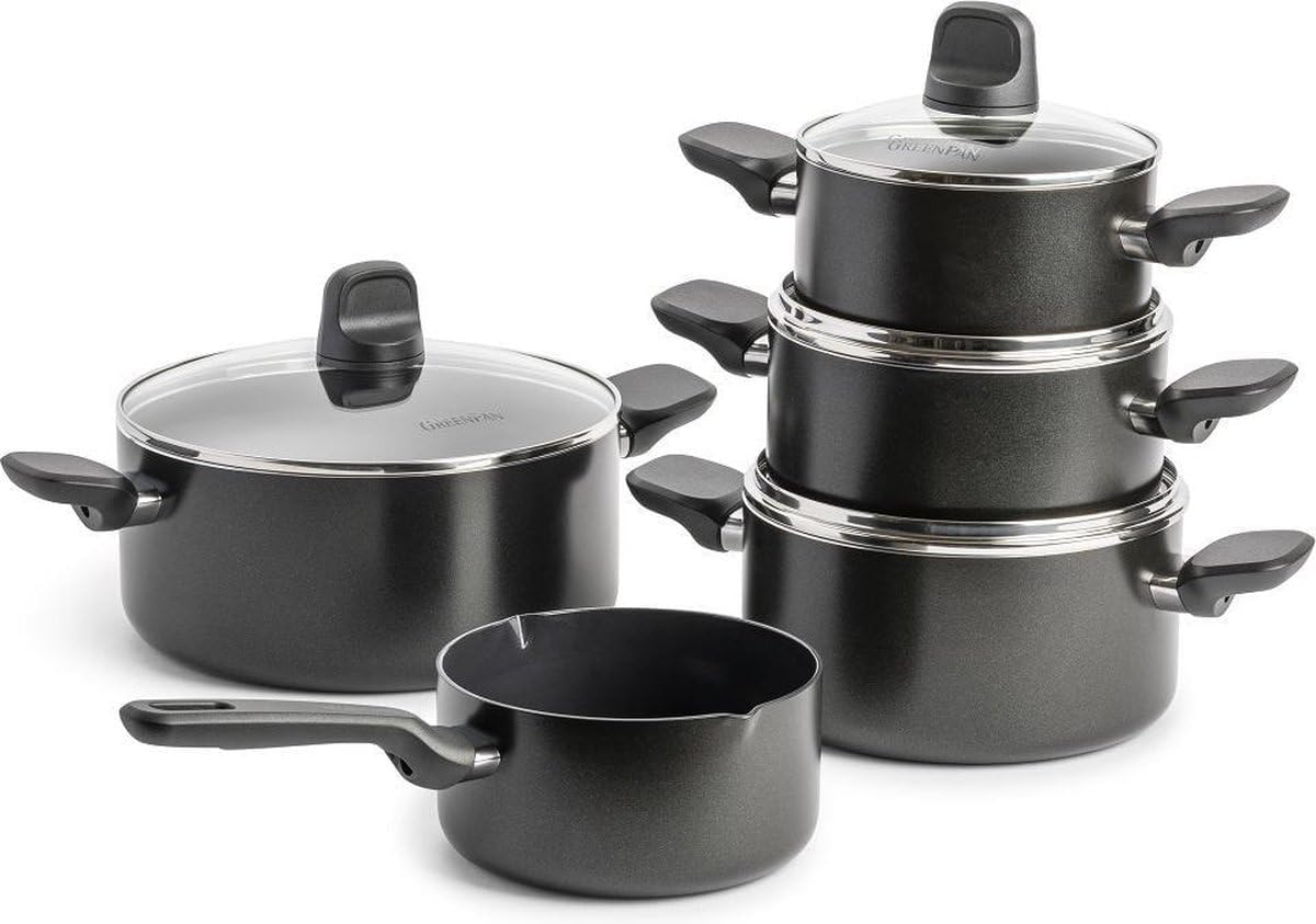 GreenPan Backofen, 16 cm, 18 cm, 20 cm, 24 cm, Schwarz/Silber, Memphis 9-teiliges Kochgeschirr-Set mit Deckeln (