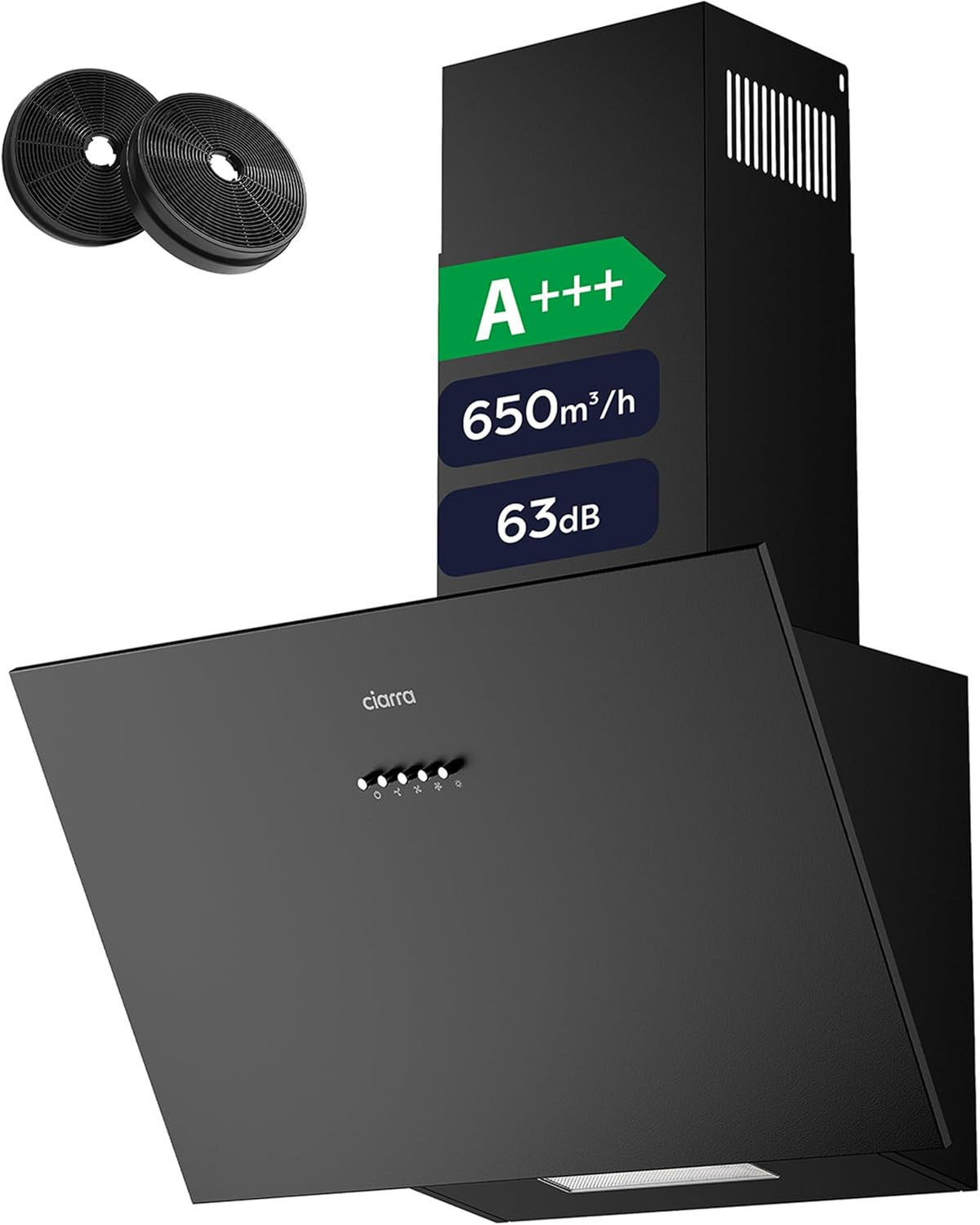 CIARRA Dunstabzugshaube, 60 cm, 650 m, Schwarz, CBCB6762A A+++ Umluft ³/h Kopffrei mit CBCF003