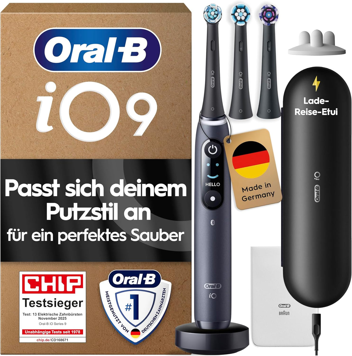 Oral-B Rotierend, Schwarz, iO - unsere fortschrittlichste Technologie mit individuell, Inkl. 3 Aufsteckbürsten