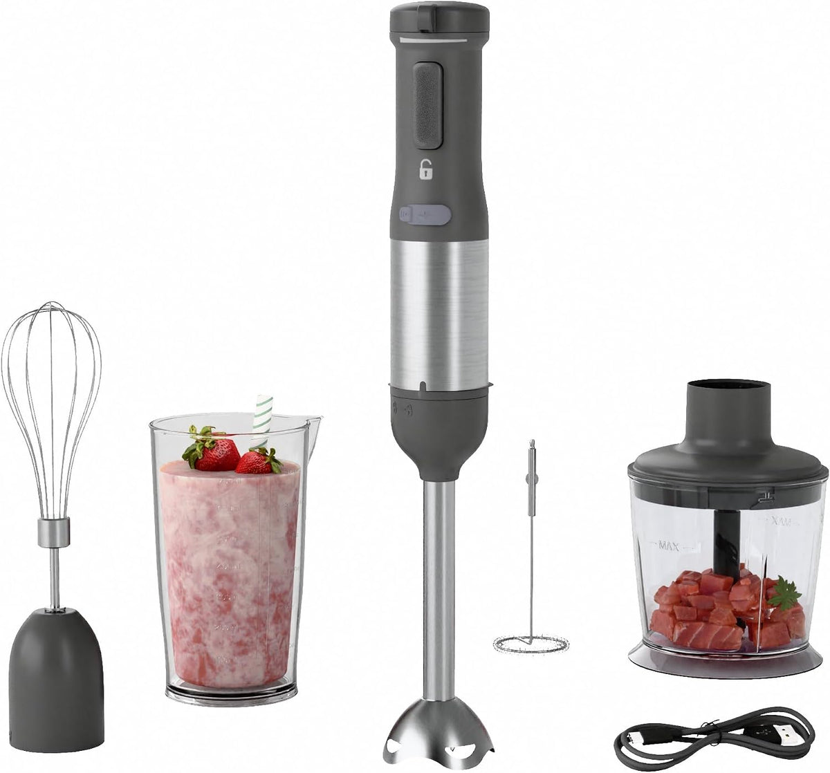 Whuto Laptop, Schwarz, Kabelloser Stabmixer zum Eintauchen, 5-in-1-Mixer mit variabler Geschwindigkeit, wiederaufladbar mit 2000-mAh-Akku