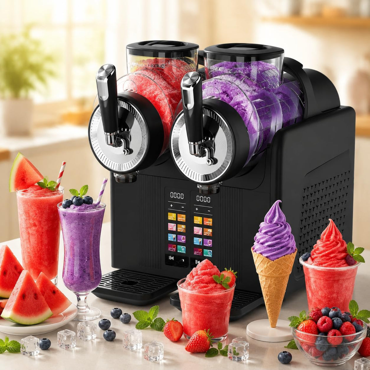 DIUNAOZI Eismaschine, 2 l × 2 (4 l gesamt), 450 W, Schwarz, Slush Maschine, 7-in-1 Slush Ice Maker, zwei 2-Liter-Tanks (140 oz)