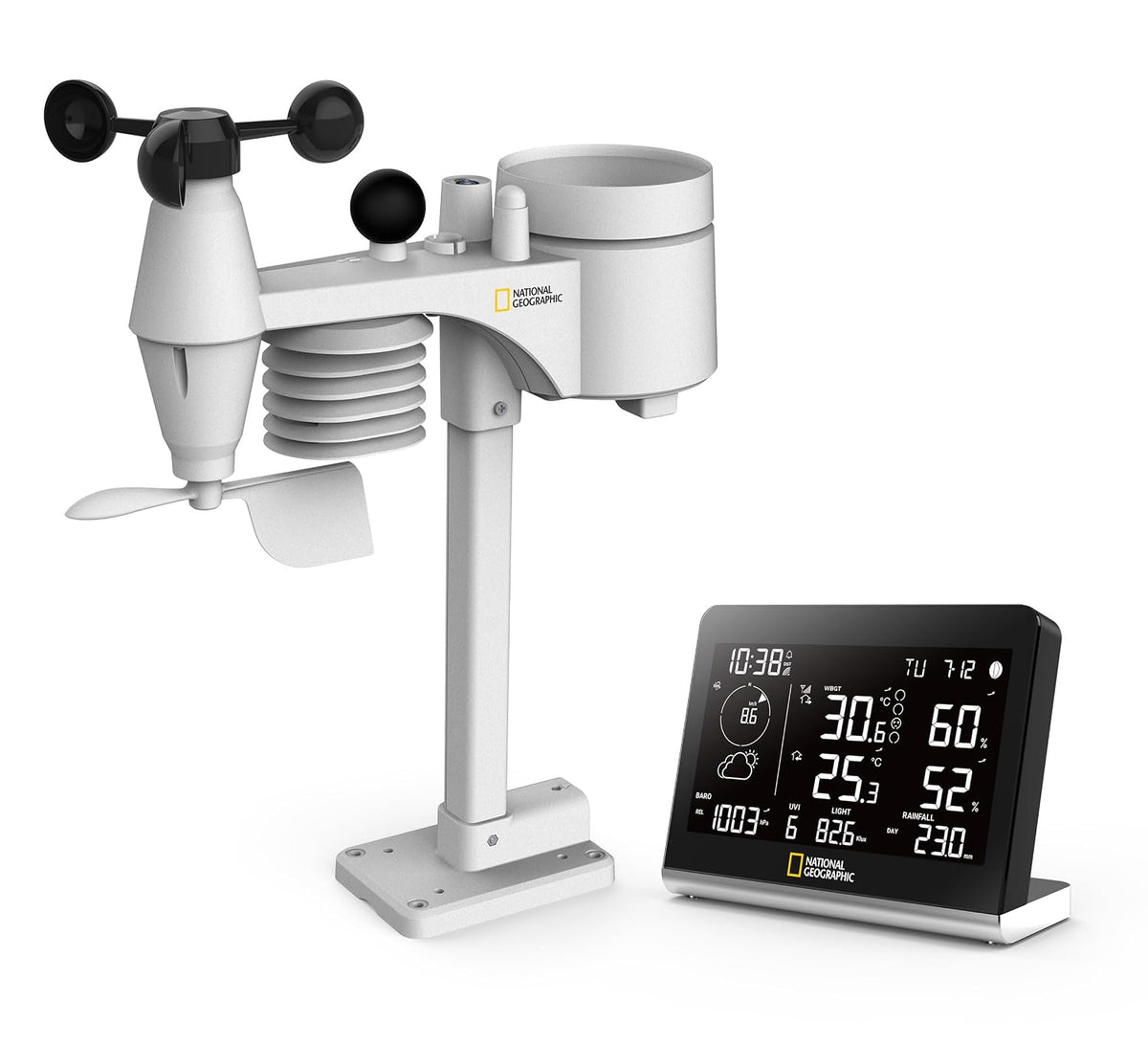 National Geographic Wetterstationen, Schwarz, Funkwetterstation SC mit 8-in-1-Aussensensor, Farbwechsel-Display