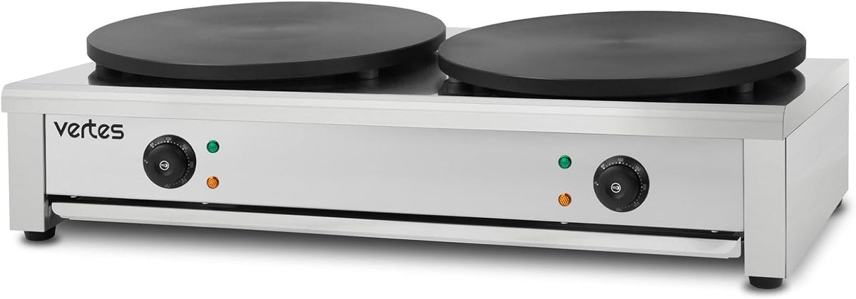 vertes Crepesmaker, 2x 40 cm, 3000 W, Silber, Crepes Maker Doppelt Elektrisch aus Edelstahl mit Platte 2x, Antihaftbeschichtung