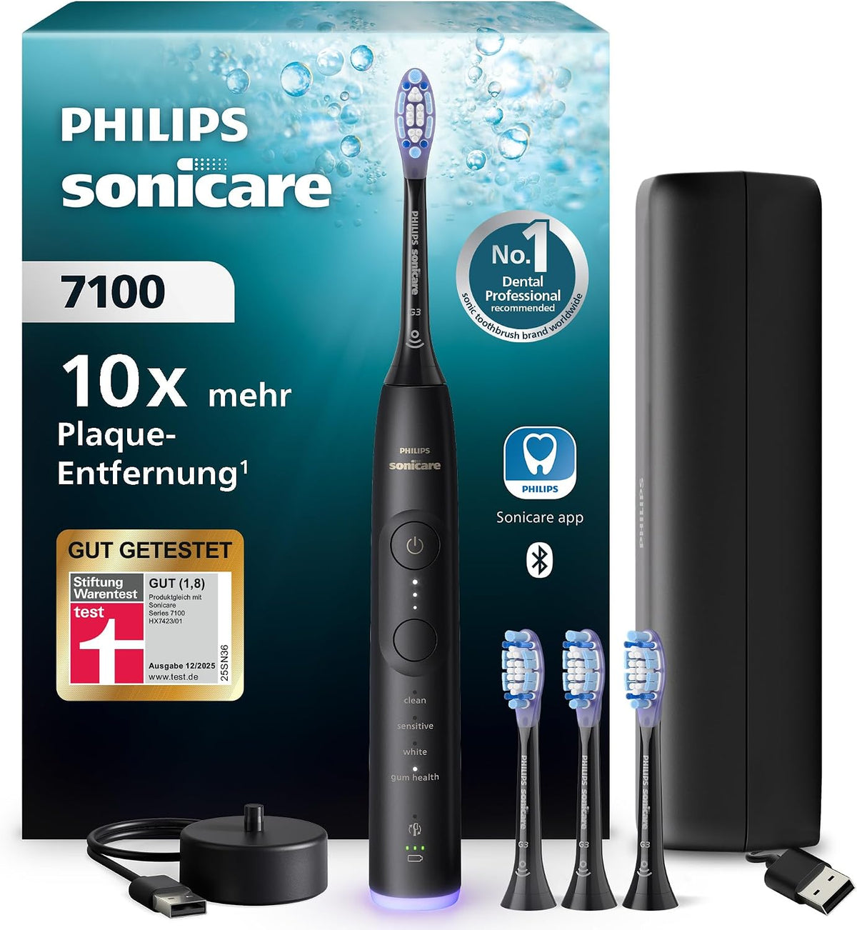 PHILIPS Schall, Schwarz, Sonicare 7100 elektrische Zahnbürste, Schallzahnbürste mit App, 4 Putzmodi und 3 Intensitätsstufen