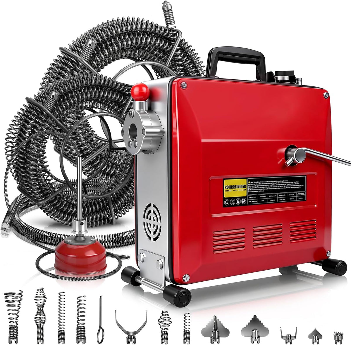 DENEWERK Rohrreinigungswellen, 200 mm, 850 W, Schwarz, Rohrreinigungsmaschine für 20- Rohrleitungen 12 Köpfe 450U/M