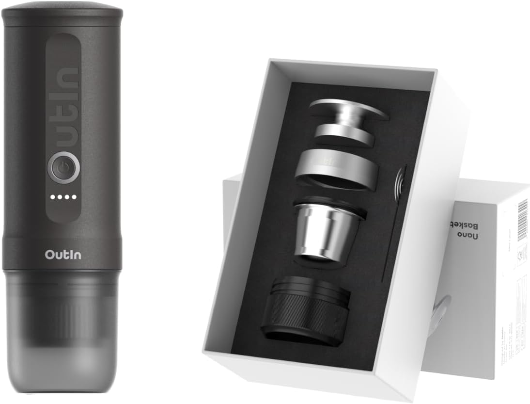 OutIn Kaffeemaschine, Schwarz/Silber, Nano Tragbare Elektrische Espressomaschine Nano Basket Plus