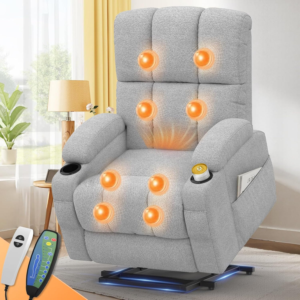 sisolos Relaxsessel, Grau, Massagesessel mit Aufstehhilfe, & Fernsehsessel mit Massage- und Heizfunktion, USB + Typ-C Ladeanschlüsse