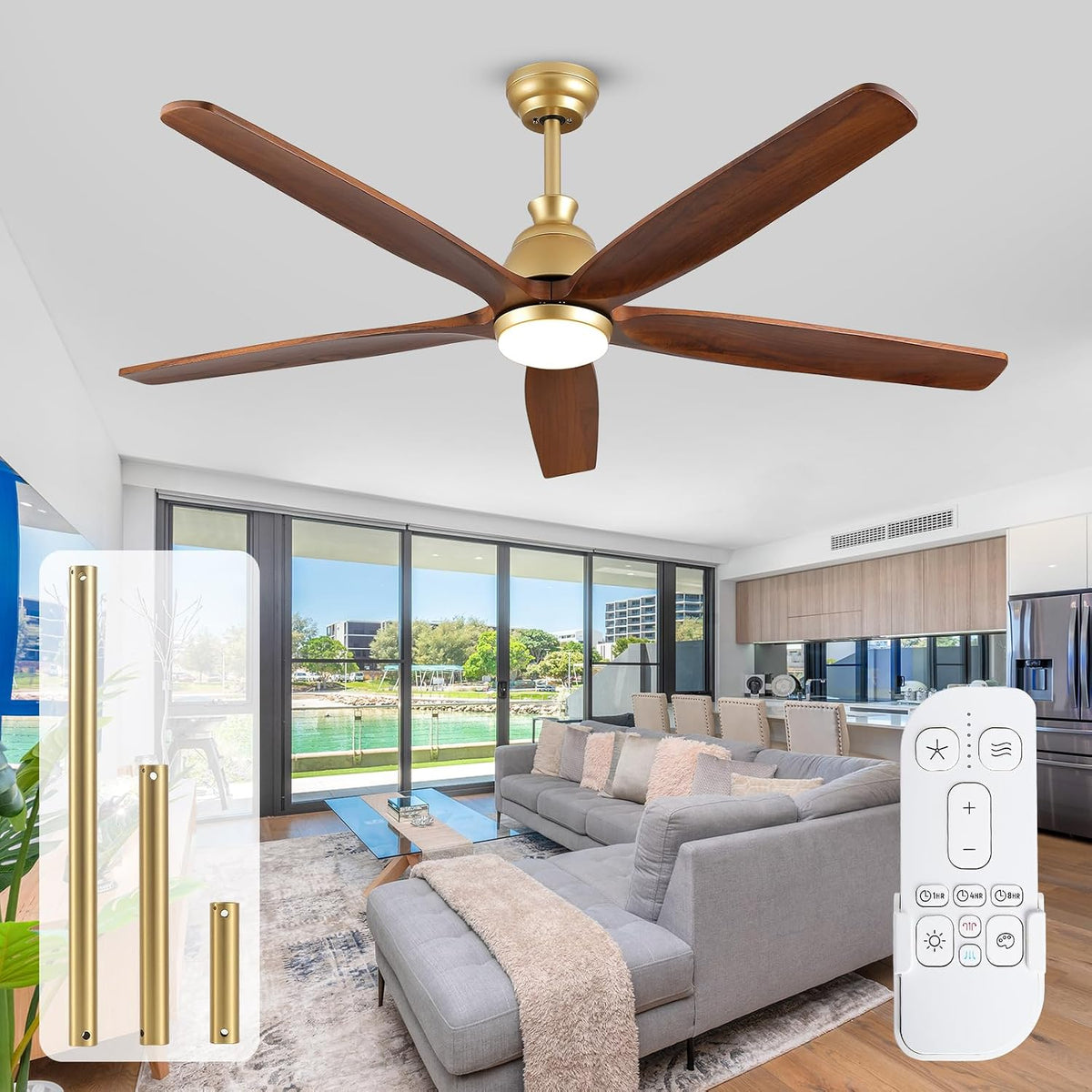 OUENGK Deckenventilator, 132 cm, Gold, Outdoor Bauernhaus Deckenventilatoren mit Lichtern, 5 Klingen Holz Deckenventilatoren mit Fernbedienung