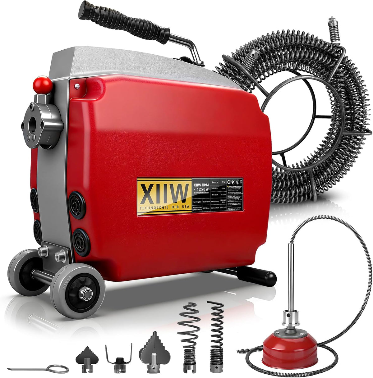 XIIW Abflussbürsten, 1250 W, 200 mm, Schwarz, Elektrische Rohrreinigungsmaschine f. Ø20