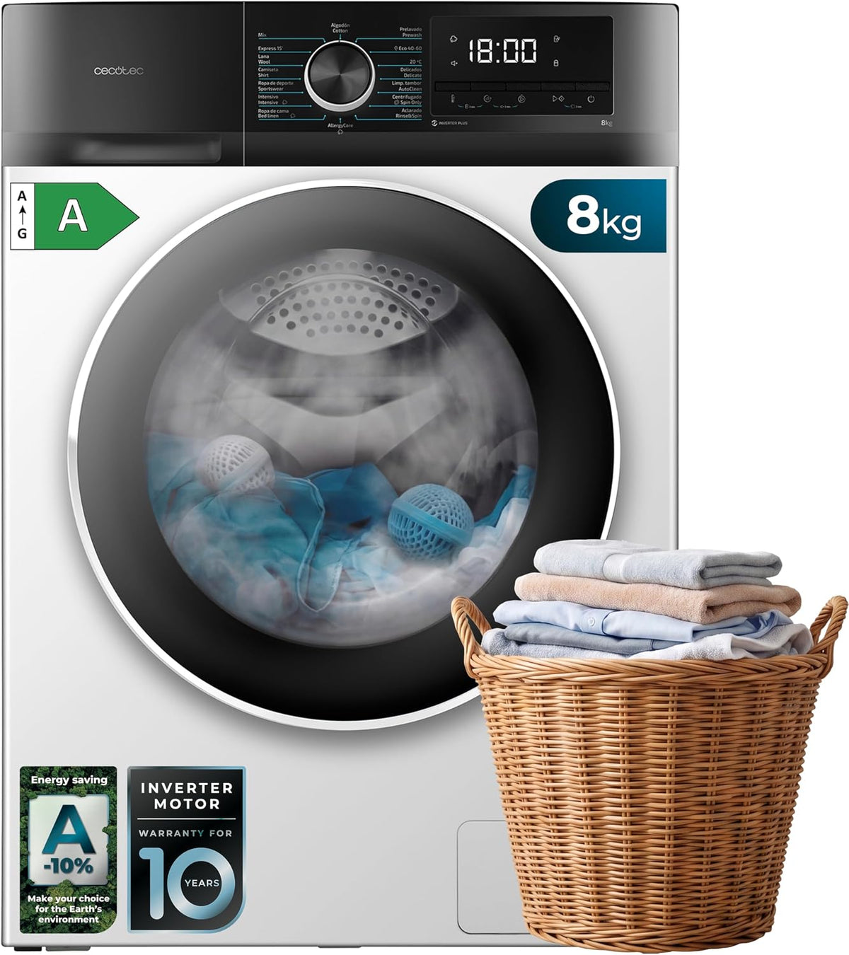 Cecotec Waschmaschine, 8 kg, Weiss, Bolero DressCode 8500 Inverter A HairCatchKit, Energieklasse A-10%, Inverter Plus Motor